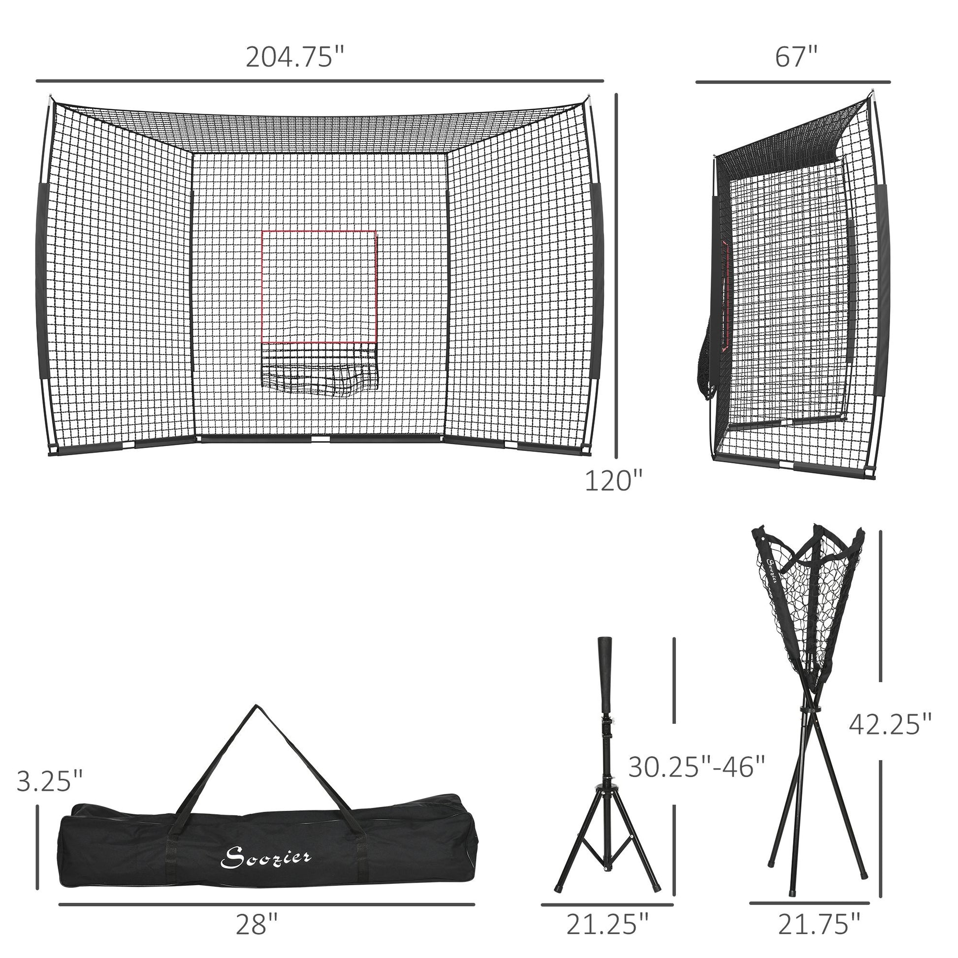 Soozier 17' X 5.5' Baseball Net With Strike Zone, Tee, Caddy, And Carry Bag For Pitching And Hitting, Portable Extra Large Softball And Baseball Training Equipment Black Steel