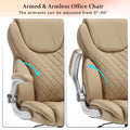 Ergonomic Office Chair With Flip Up Armrests And Wheels, Leather Rocking Executive Office Chair Beige Foam Pu Leather