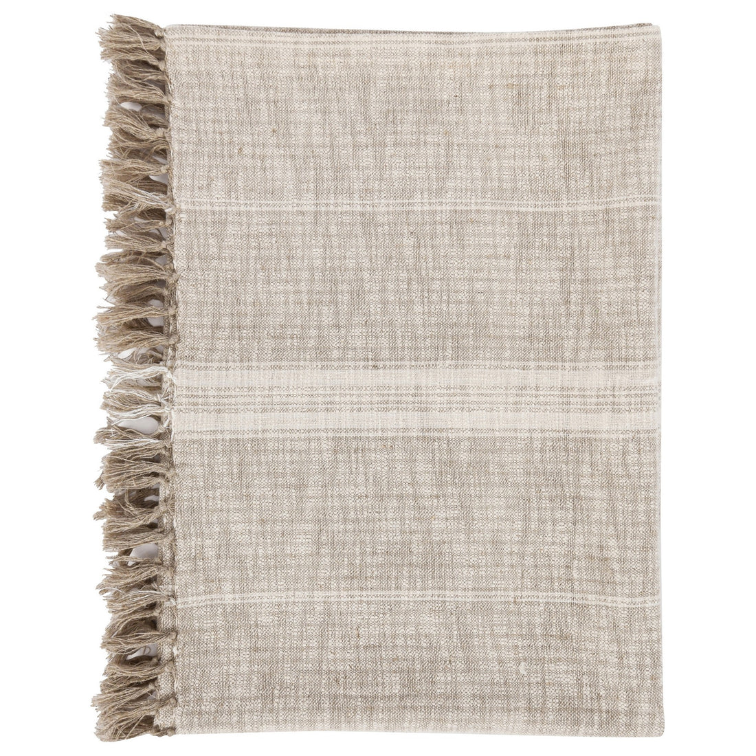 Uno 50 Inch Throw Blanket, Cotton And Linen, Woven Striped Design, Beige Beige Cotton Linen