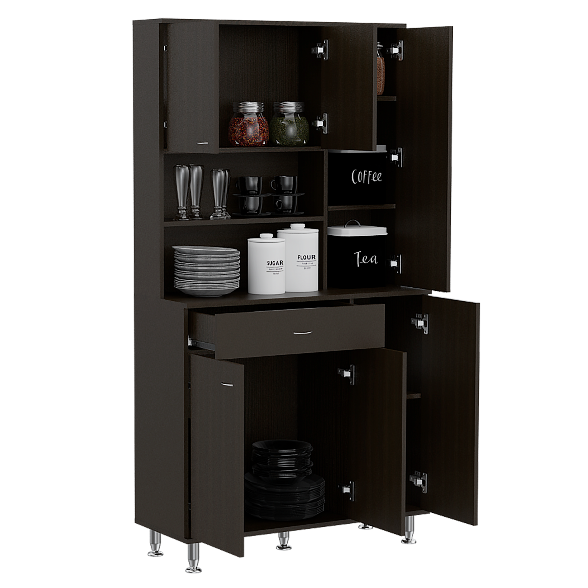 Kitchen Pantry Cabinet, Two Open Shelves, One Drawer, Multiple Cabinets, Black Black Solid Wood Mdf Engineered Wood