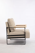 Leather Accent Chair Guest Chair For Living Room, Mid Century Armchair For Bedroom Khaki Linen