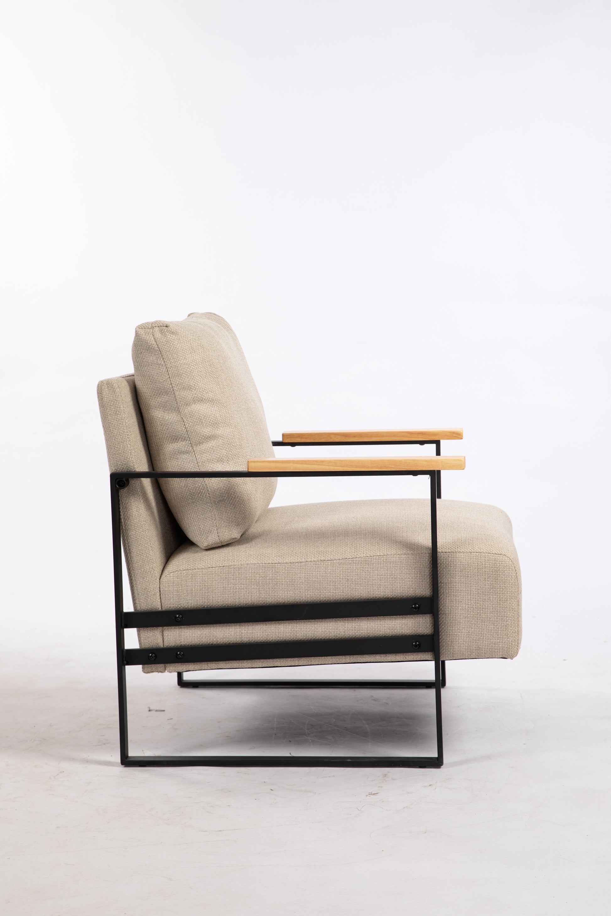 Leather Accent Chair Guest Chair For Living Room, Mid Century Armchair For Bedroom Khaki Linen