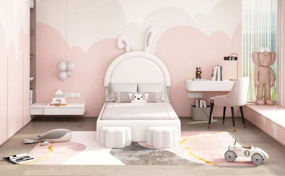 Twin Size Upholstered Rabbit Shape Bed With 2 Storage Stools, Velvet Platform Bed With Cartoon Ears Shaped Headboard, White Twin White Wood