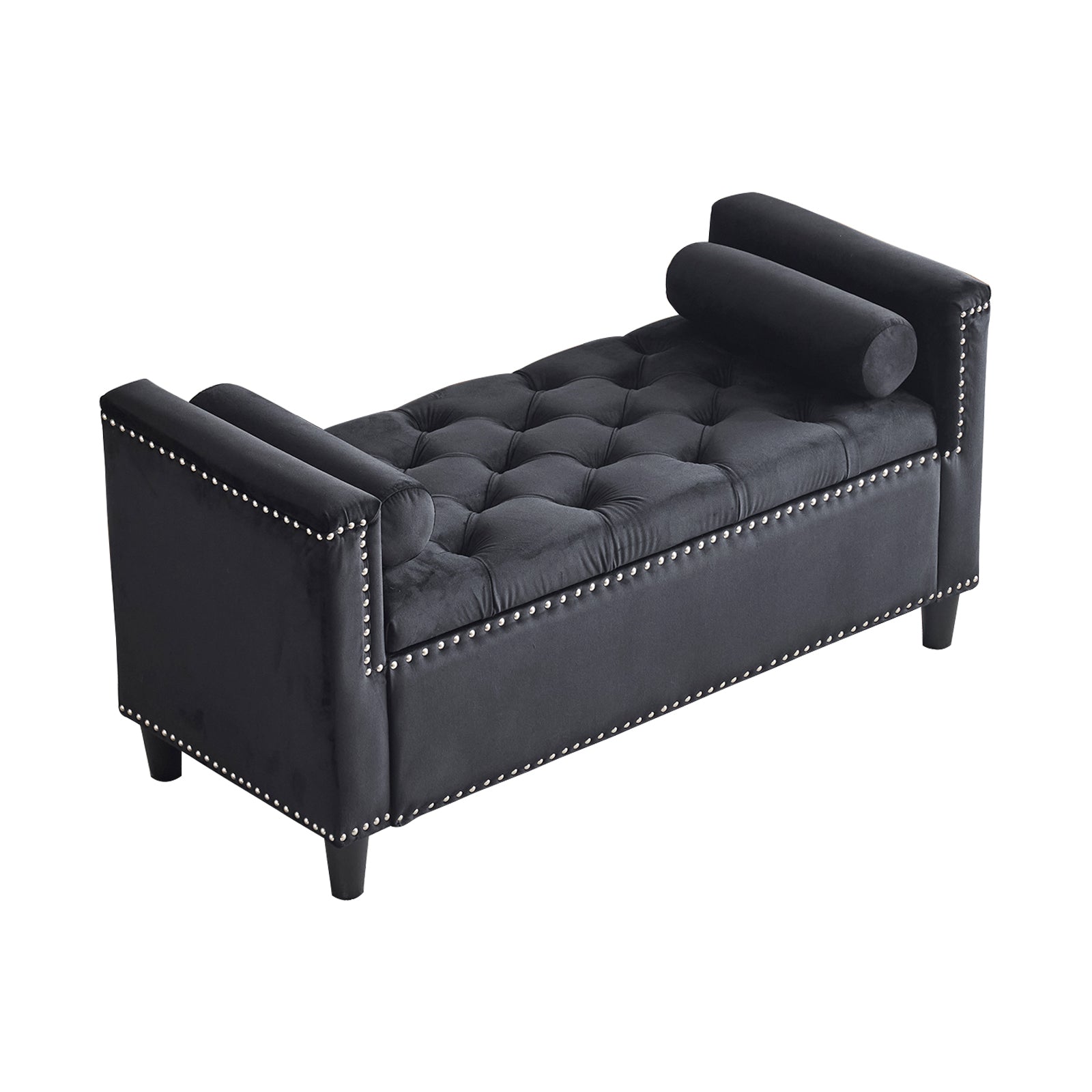 Storage Bench, 44.5 Inch Queen Velvet Button Bedside Bench, Entryway Living Room With Armrests, Trim, Upholstered Bedroom Bench, Bedside Ottoman, Living Room, Entryway, Black Nailheads Black White Velvet Primary Living Space Solid Black Modern Wood