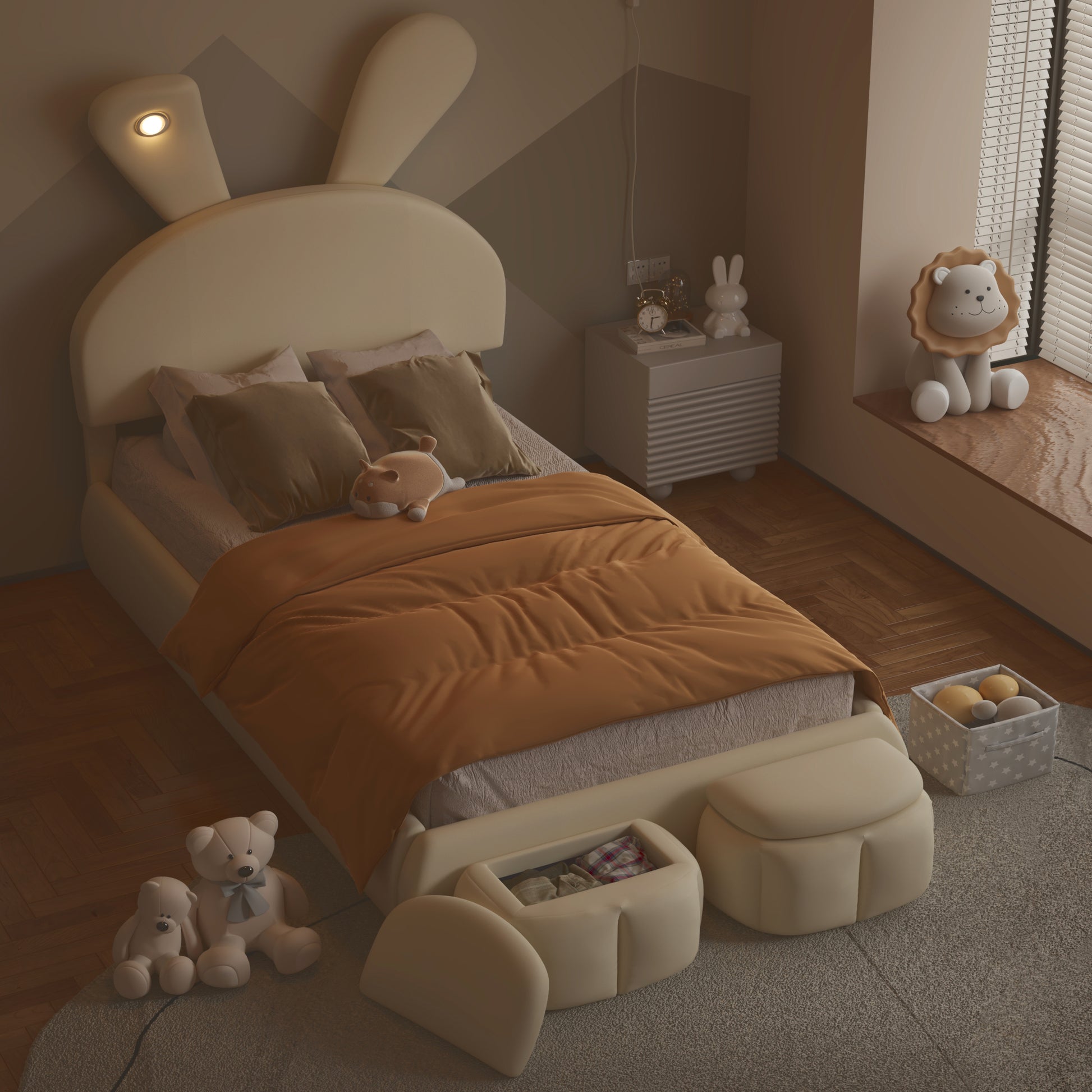 Twin Size Upholstered Platform Bed With Cartoon Ears Shaped Headboard And Light, Beige Box Spring Not Required Twin Beige Wood Bedroom Bed Frame Velvet Upholstered