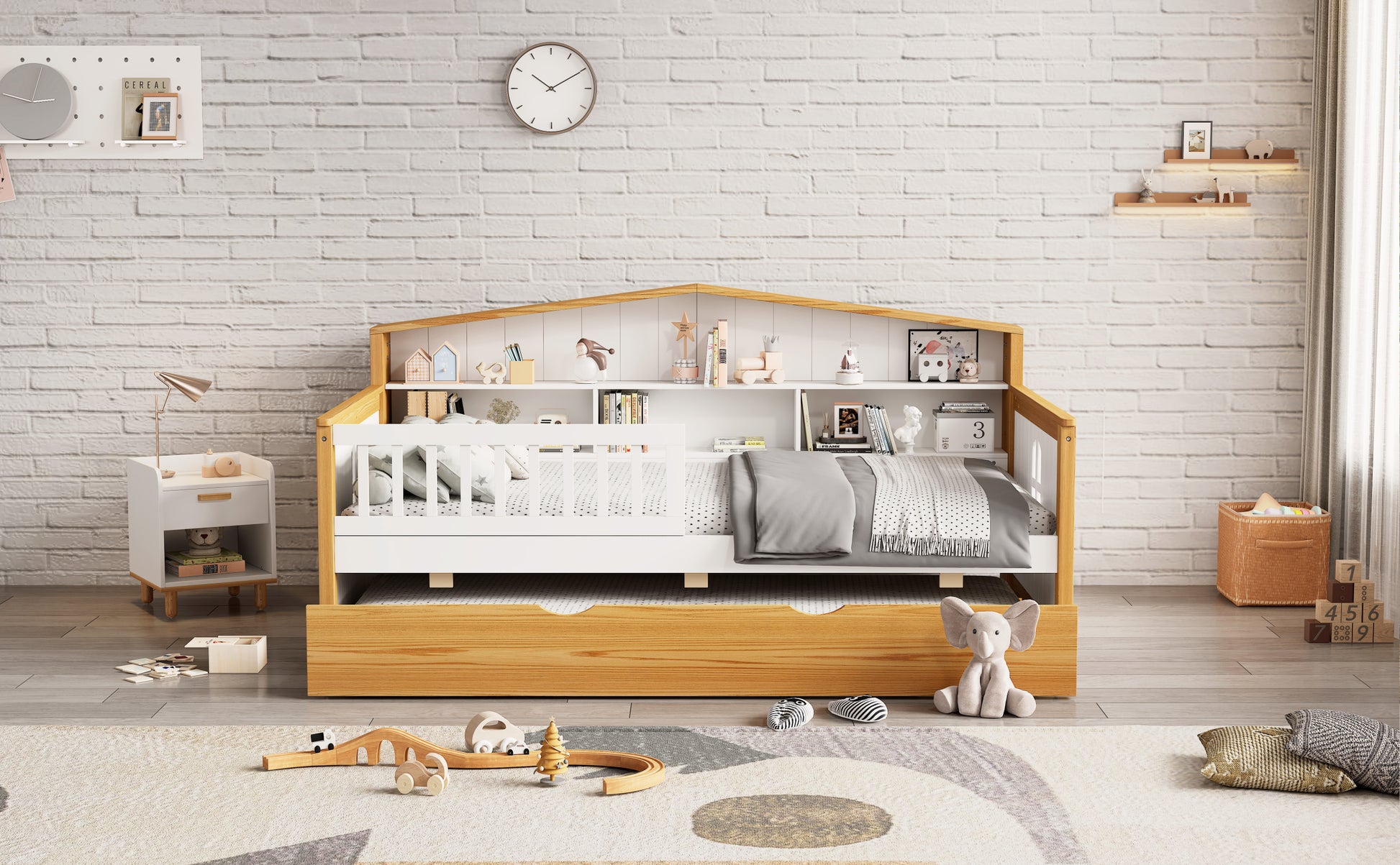 Twin Size House Shape Daybed With Trundle And Bookcase Headboard Wooden Bed For Girls Boys Teens, No Box Spring Needed, Walnut And White Box Spring Not Required Twin White Walnut Wood Bedroom Cute Pine Bed Frame Wood