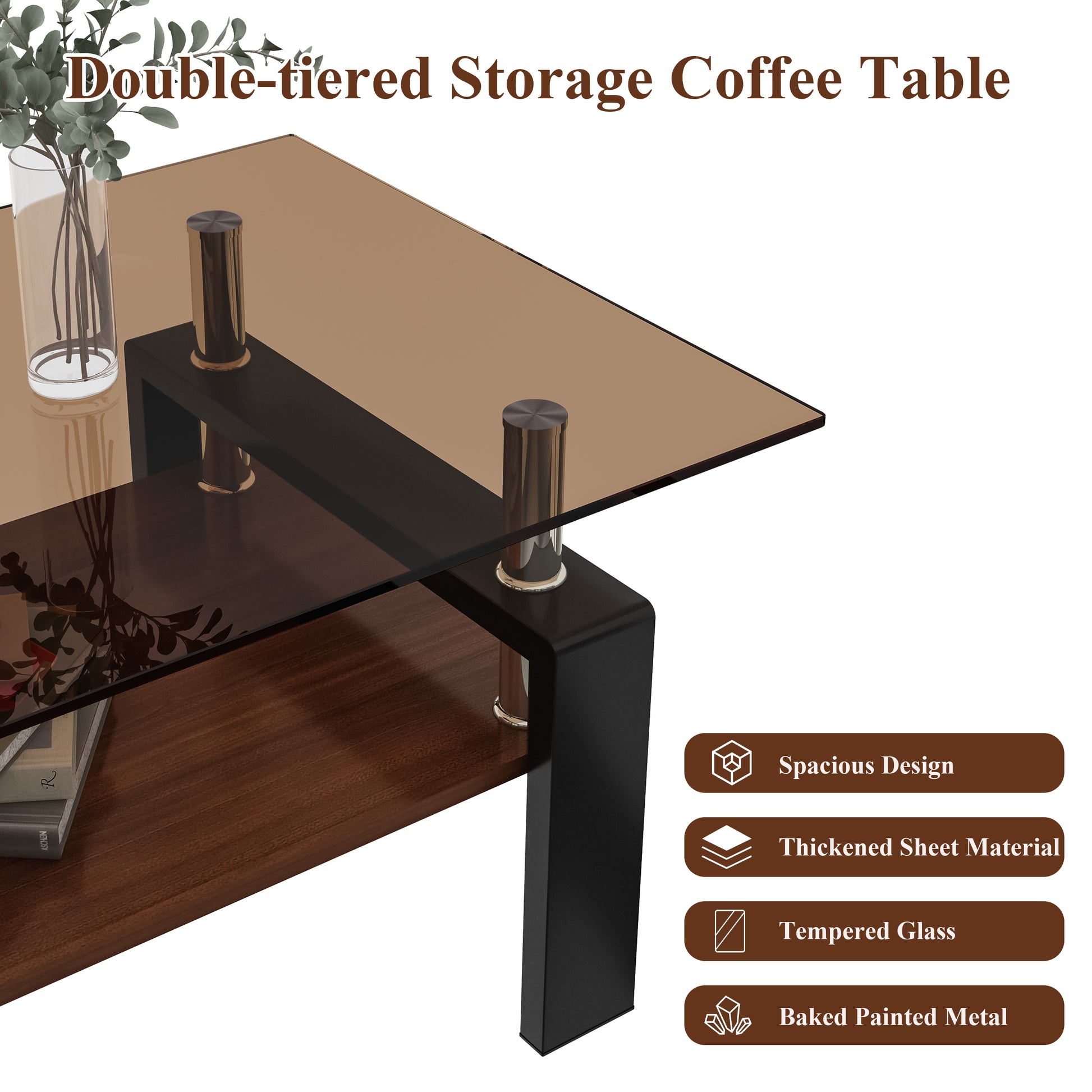 Rectangle Coffee Table, Tempered Glass Tabletop With Mdf Layer, Modern Table For Living Roombrown Glass Brown Black Tempered Glass