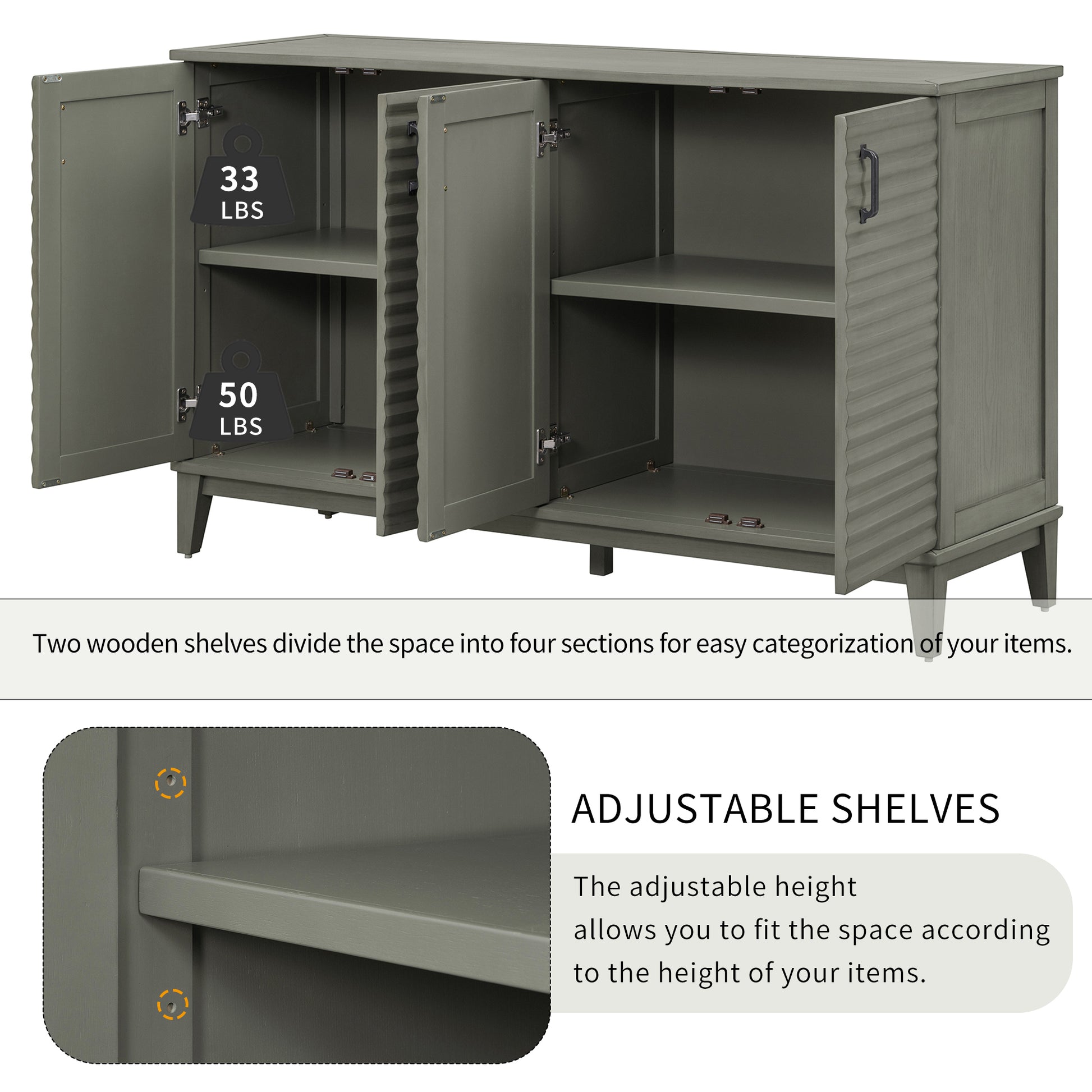 Sideboard With 4 Door Large Storage Buffet With Adjustable Shelves And Metal Handles For Kitchen, Living Room, Dining Room Antique Gray Antique Gray Solid Wood Mdf