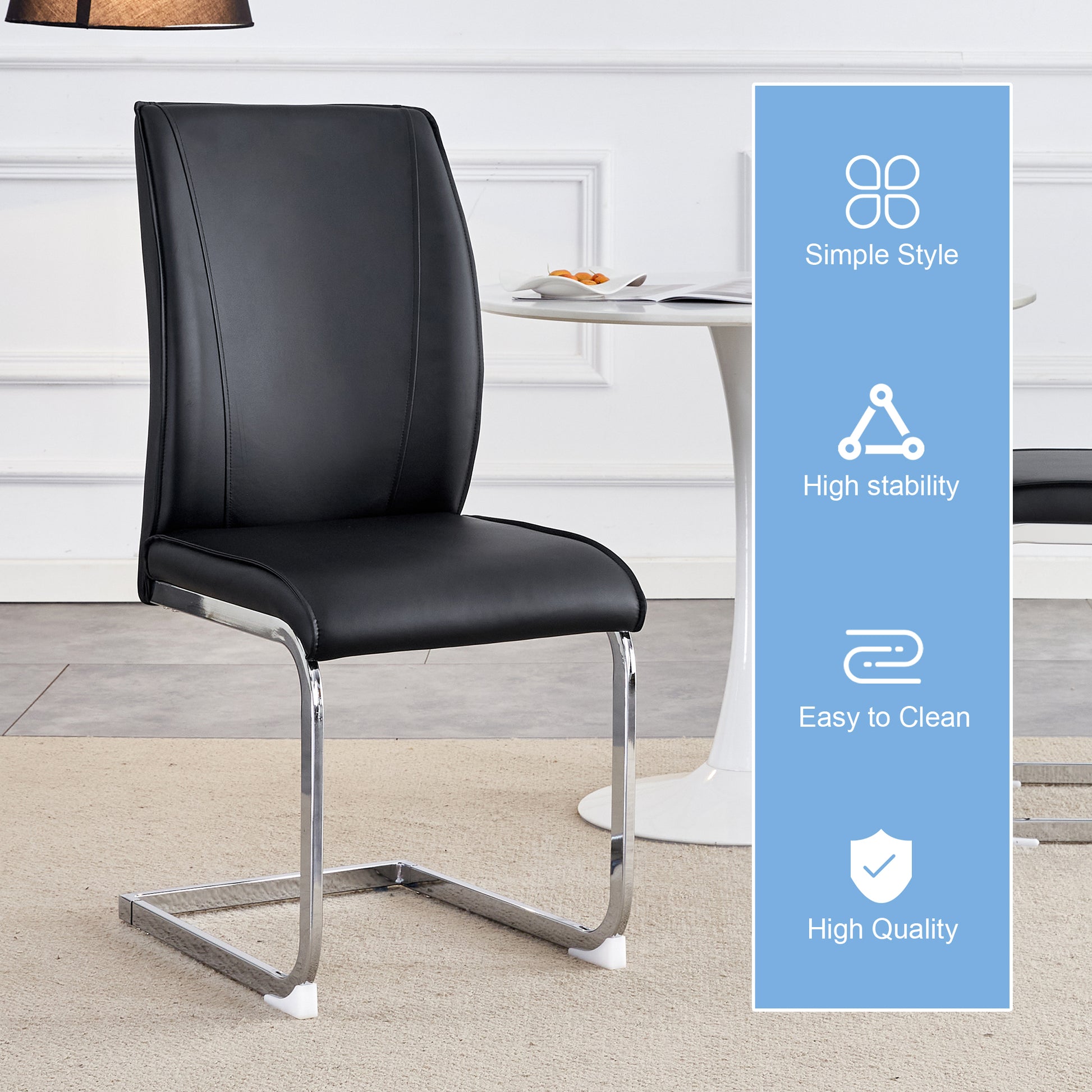 Luxury Simple Arch Chair Set Of 2 Black Pu Material High Resilience Dining Chair With Arched Metal Silver Leg. Black Silver Set Of 2 Metal,Pu