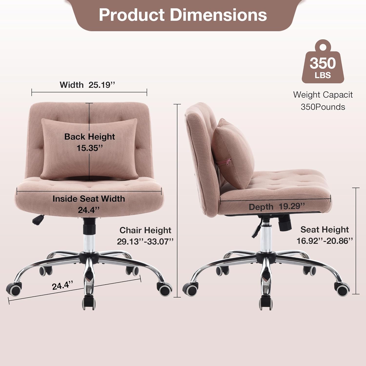 Armless Fabric Office Desk Chair With Wheels, Criss Cross Legged Wide Seat Chair, Modern Home Office Chair With Lumbar Pillow, Comfy Computer Task Chair For Small Space, Vanity Chair For Women