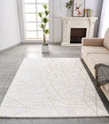 Luxury Machine Washable White Geometric Abstract Gold Gilded Chinchilla Faux Fur Area Rug White Gold Polyester