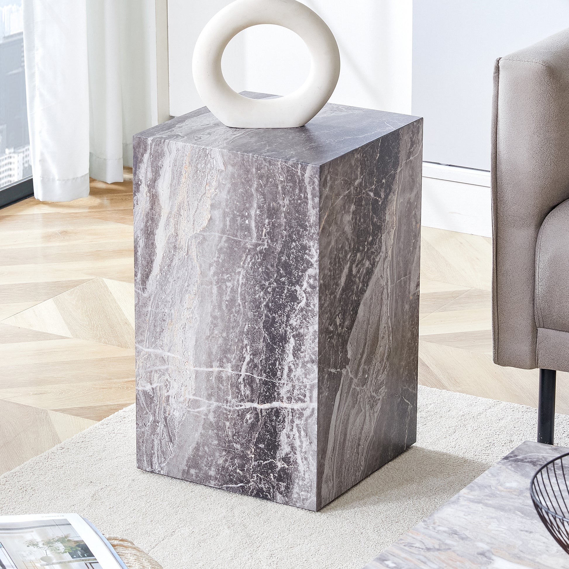Elevate Your Living Space With This Modern Mdf Coffee Table, Which Showcases Gray Textured Patterns. It Is Characterized By Stylish Design. Grey Mdf