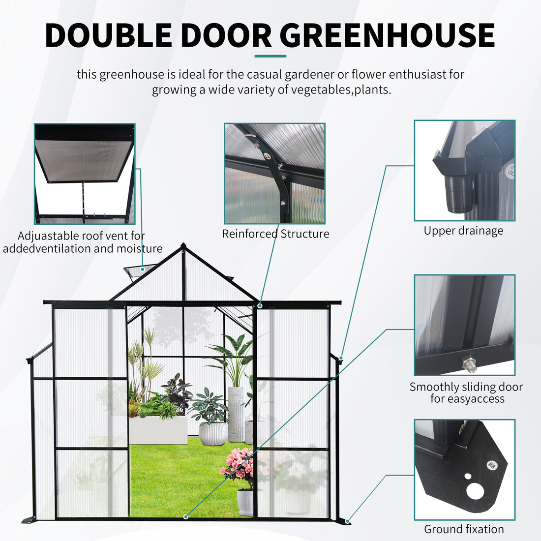 8X8 Ft Double Door Polycarbonate Greenhouse Raised Base And Anchor Aluminum Heavy Duty Walk In Greenhouses For Outdoor Backyard In All Season,Black Black Aluminium