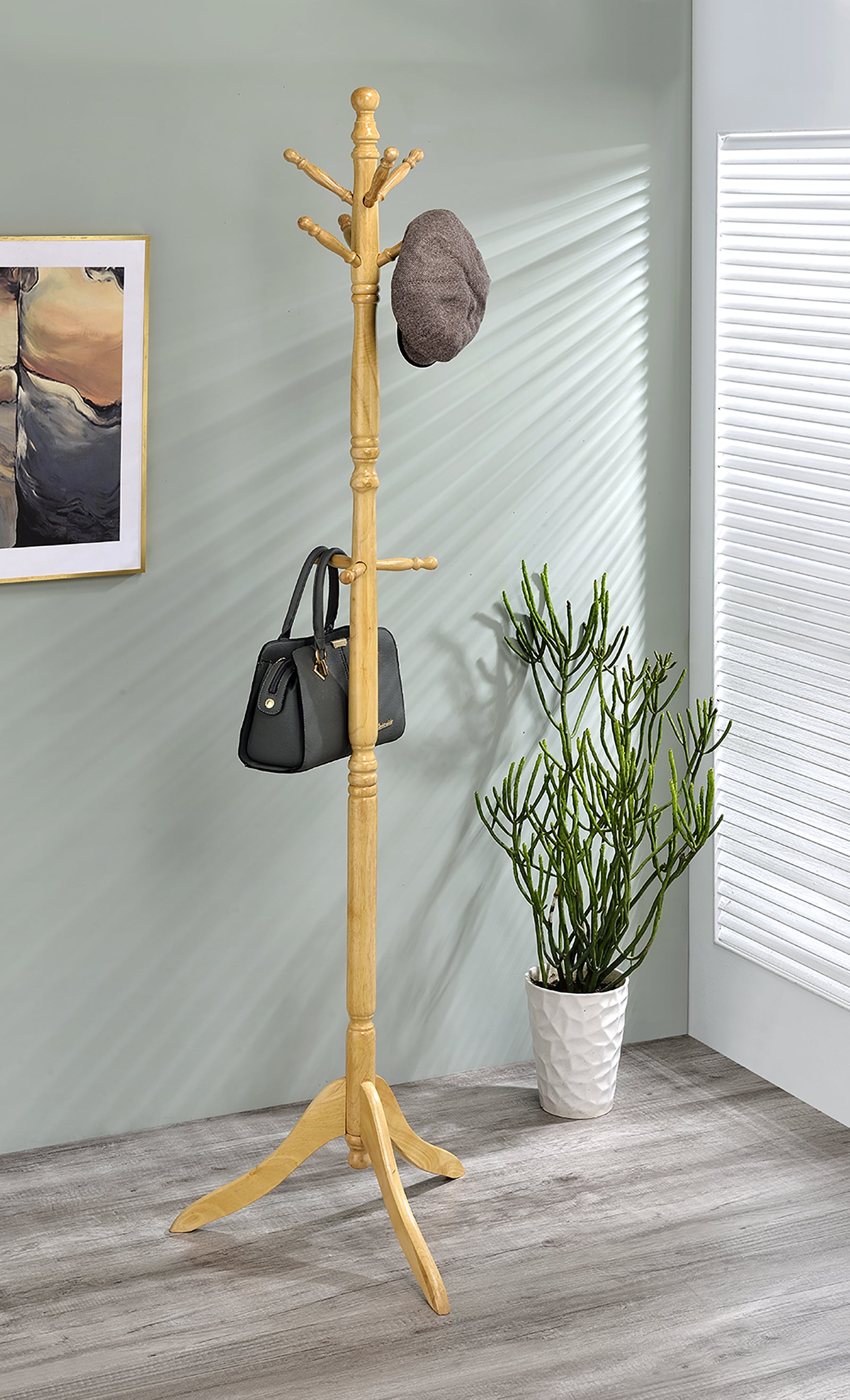 71.5" Tall Wooden Standing Coat Rack "Swivel" With Natural Finish Natural Wood