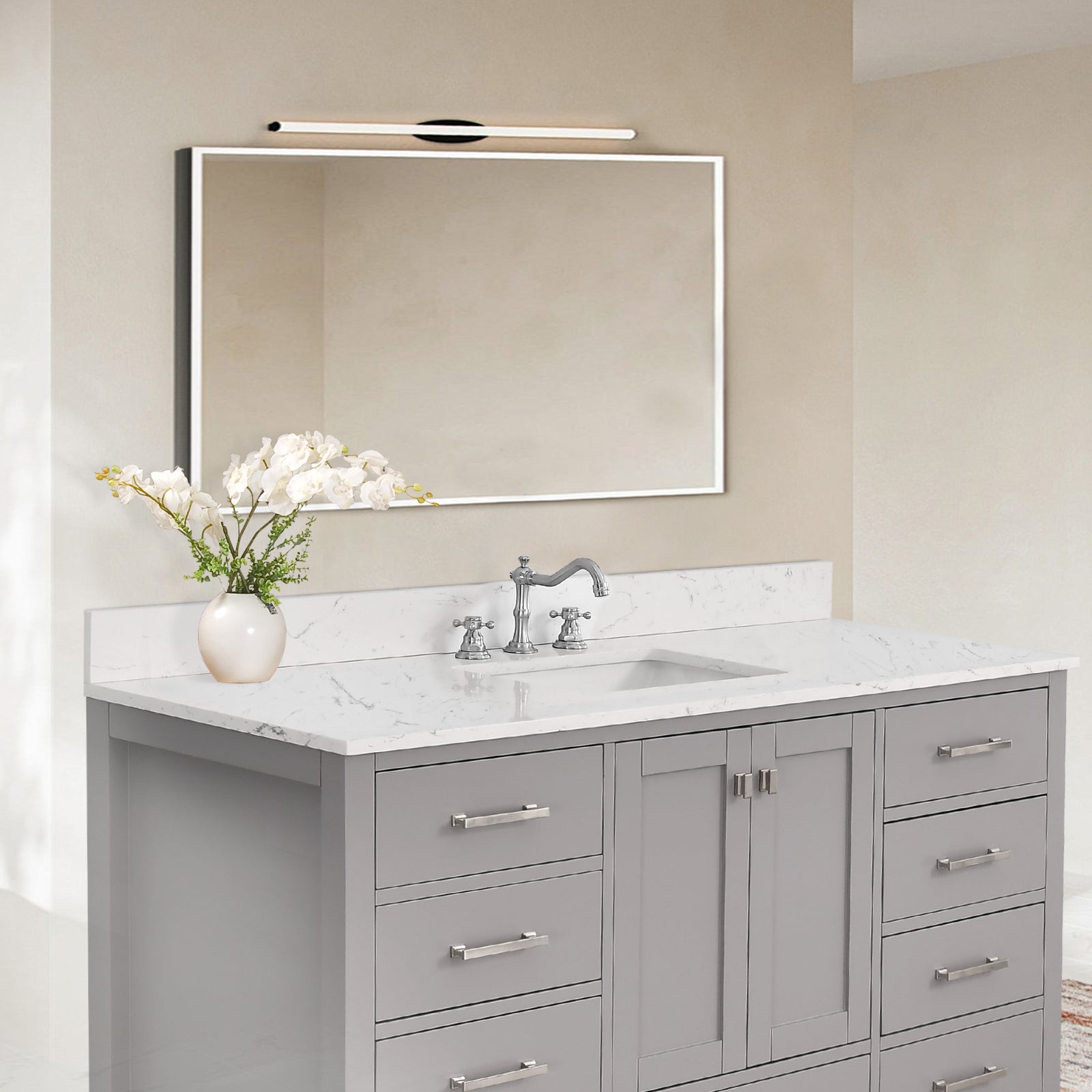 60"X 22" Bathroom Stone Vanity Top Engineered Color With Undermount Ceramic Sink And 3 Faucet Hole With Backsplash White Stone