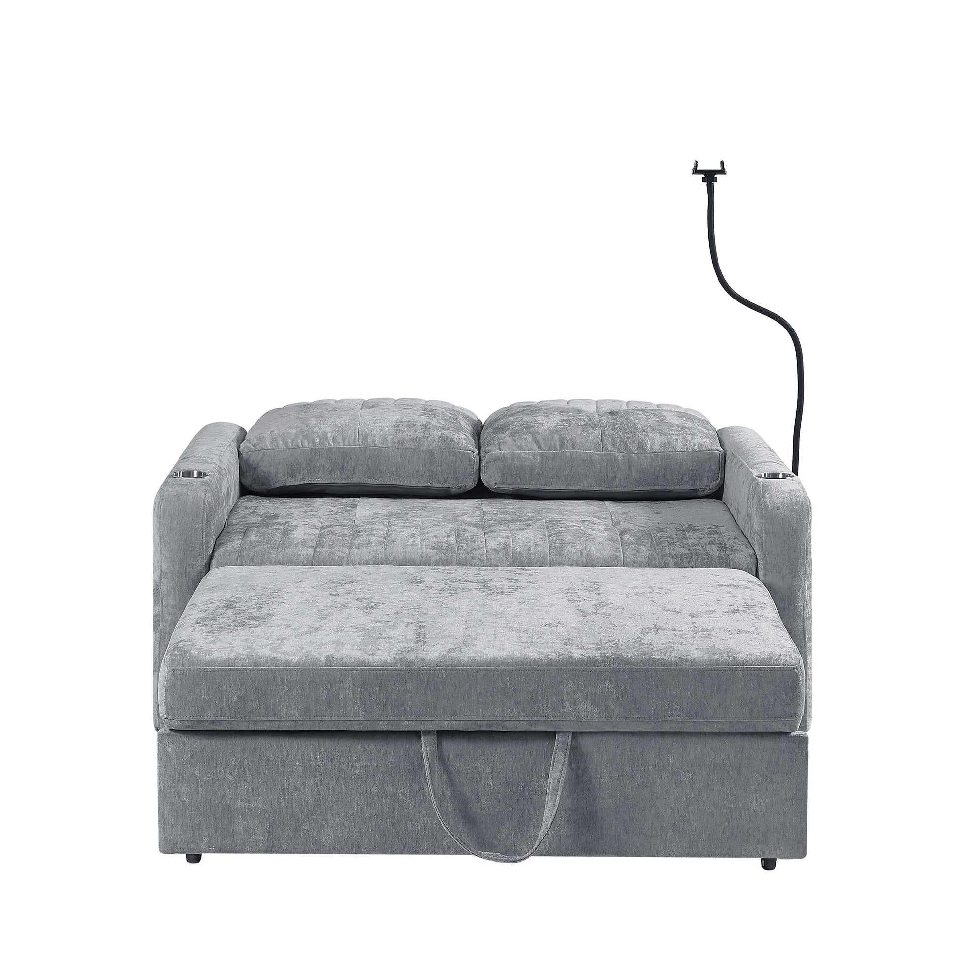 53.9" Modern Loveseat Pull Out Sofa Bed With Adjustable Backrest, Two Cup Holdersa Phone Holder, Three Charging Ports And Side Storage Pockets For Living Room, Grey Grey Foam Chenille