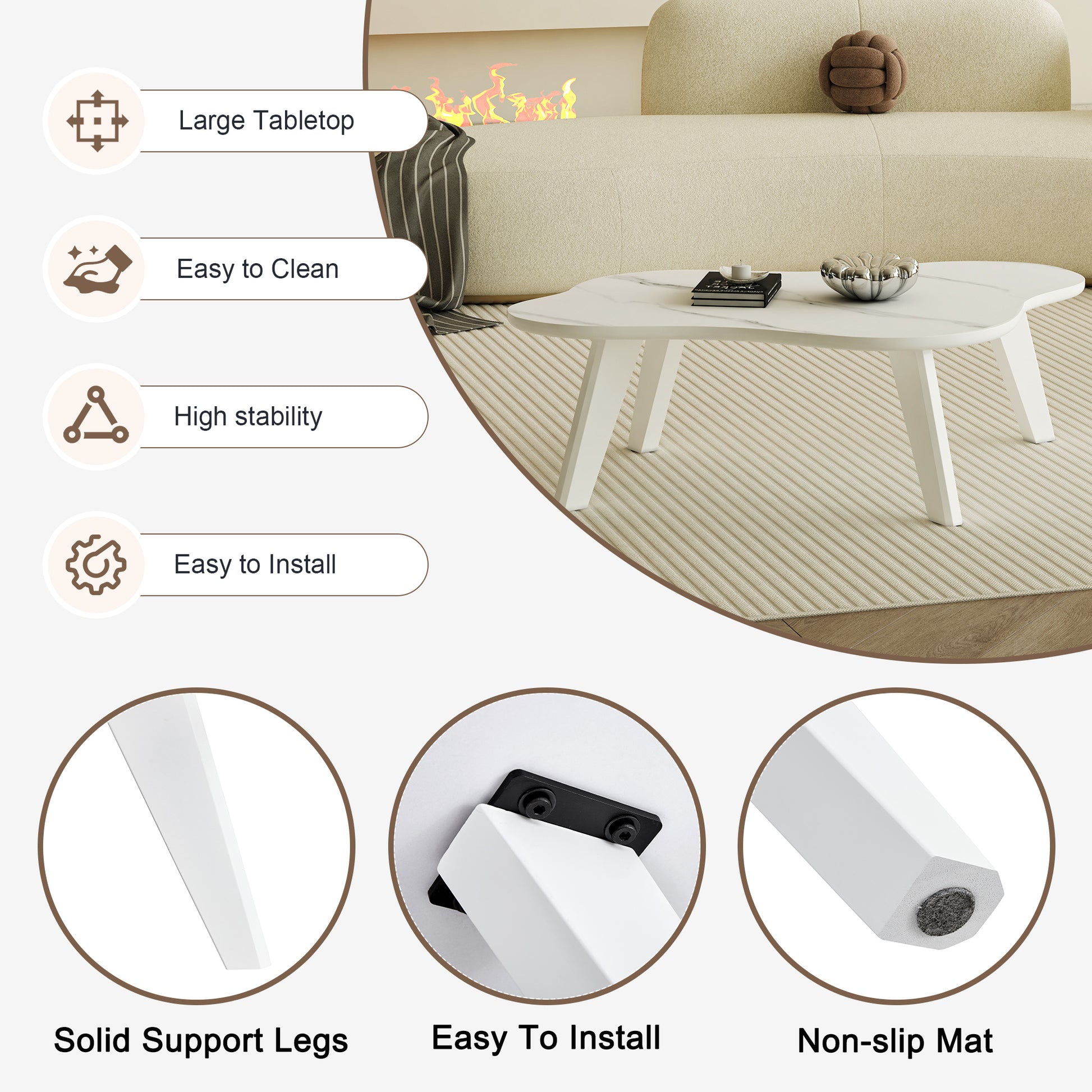 Modern Minimalist White Imitation Marble Tabletop Coffee Table. Solid Wood Spray Painted Desk Legs, Cloud Shape To Give You A Experience, Computer Desk. Suitable For Dining And Living Rooms. White Mdf