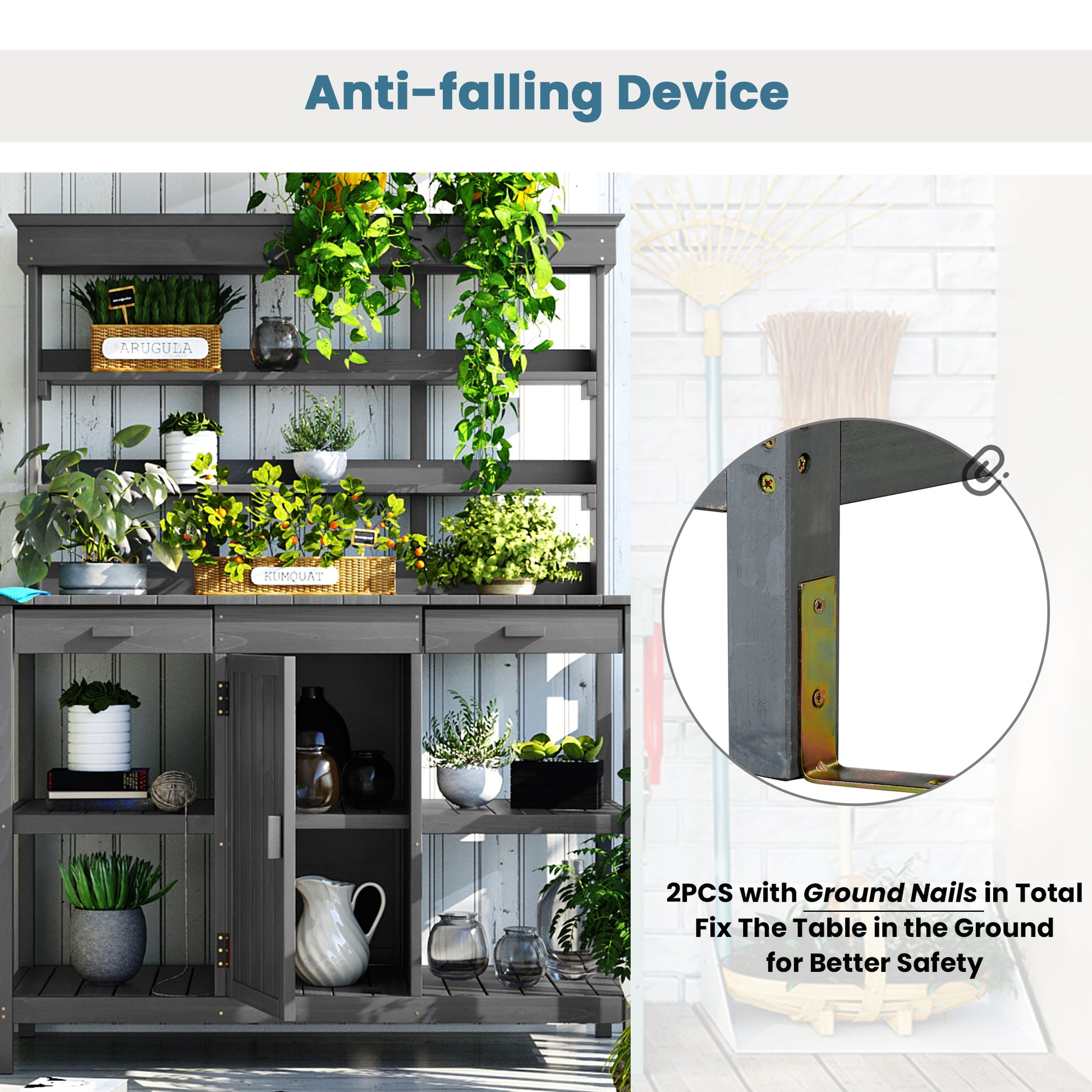66'' Large Outdoor Farmhouse Wooden Potting Bench Table, Garden Workstation With 2 Drawers,Cabinet And Open Shelves For Backyard, Mudroom, Gray Gray Garden & Outdoor Casual Wood Solid Wood