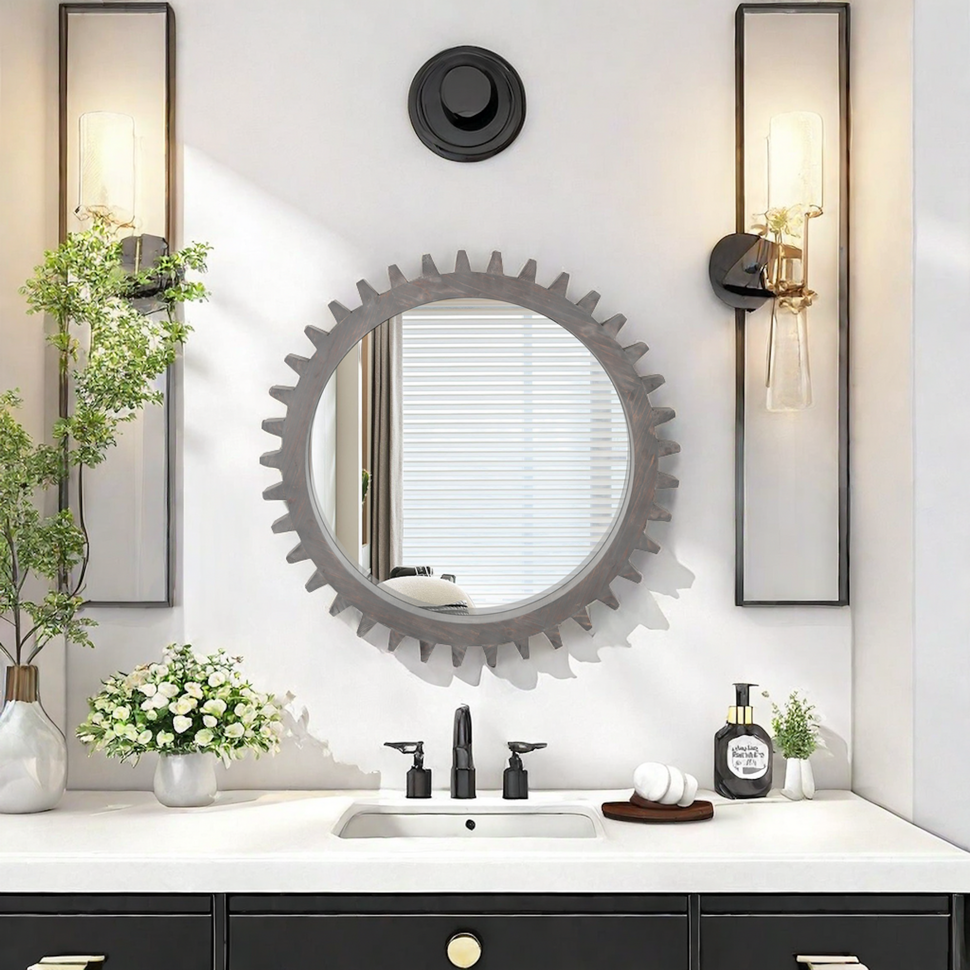 Vintage 34'' X 34'' Wood Round Hanging Gear Shape Heavy Decorative Mirror For Bathroom Living Room Entryway Or Put Together To Your Liking Antique Dark Brown Dark Brown Glass Mirror