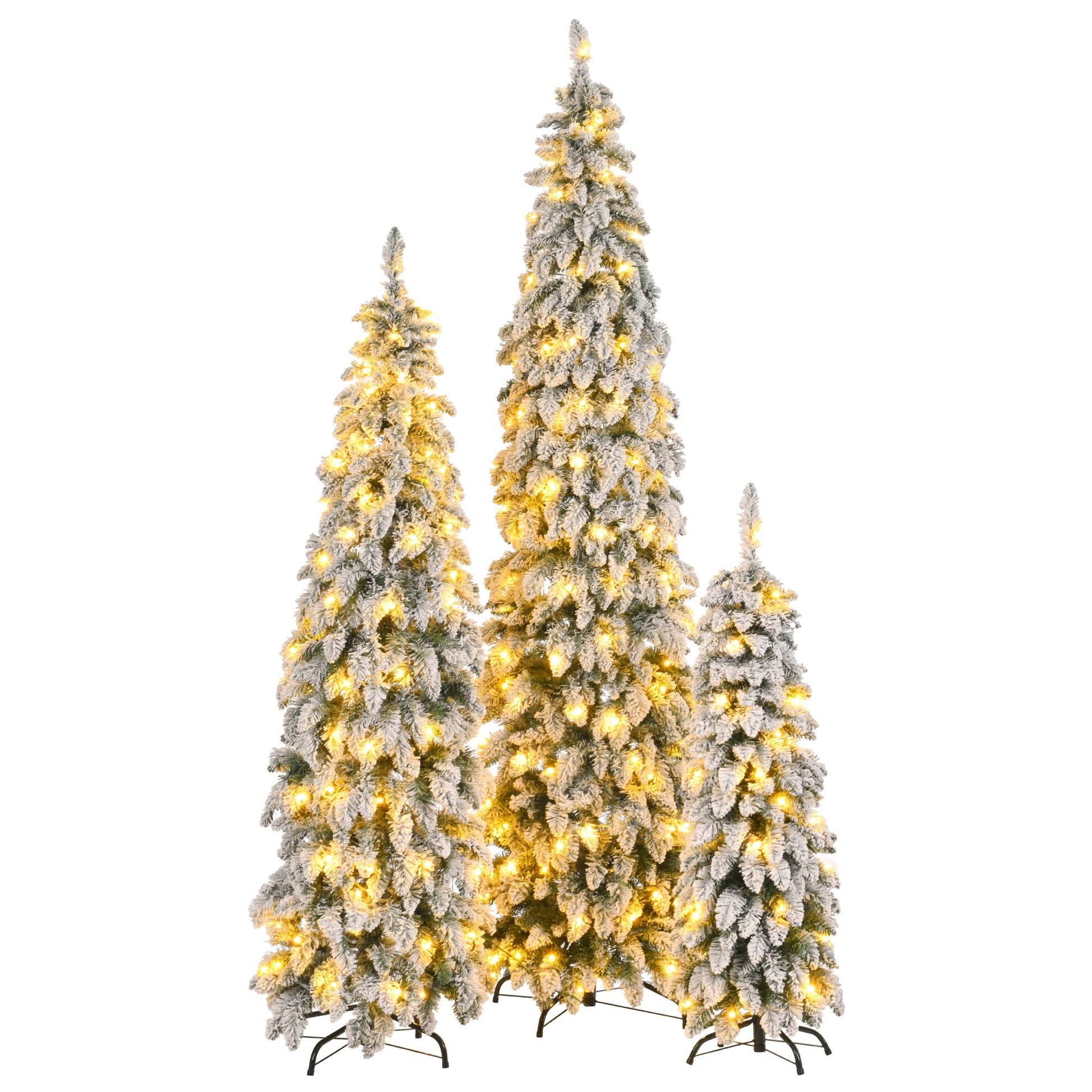 8Ft, 6Ft, 4Ft Pre Lit Pencil Christmas Trees, 3 Set Slim Artificial Christmas Tree With Snow Flocking, Xmas Holiday Decoration Tree, 1455 Branch Tips, 520 Led Lights, 11 Lighting Modes White Green Pvc