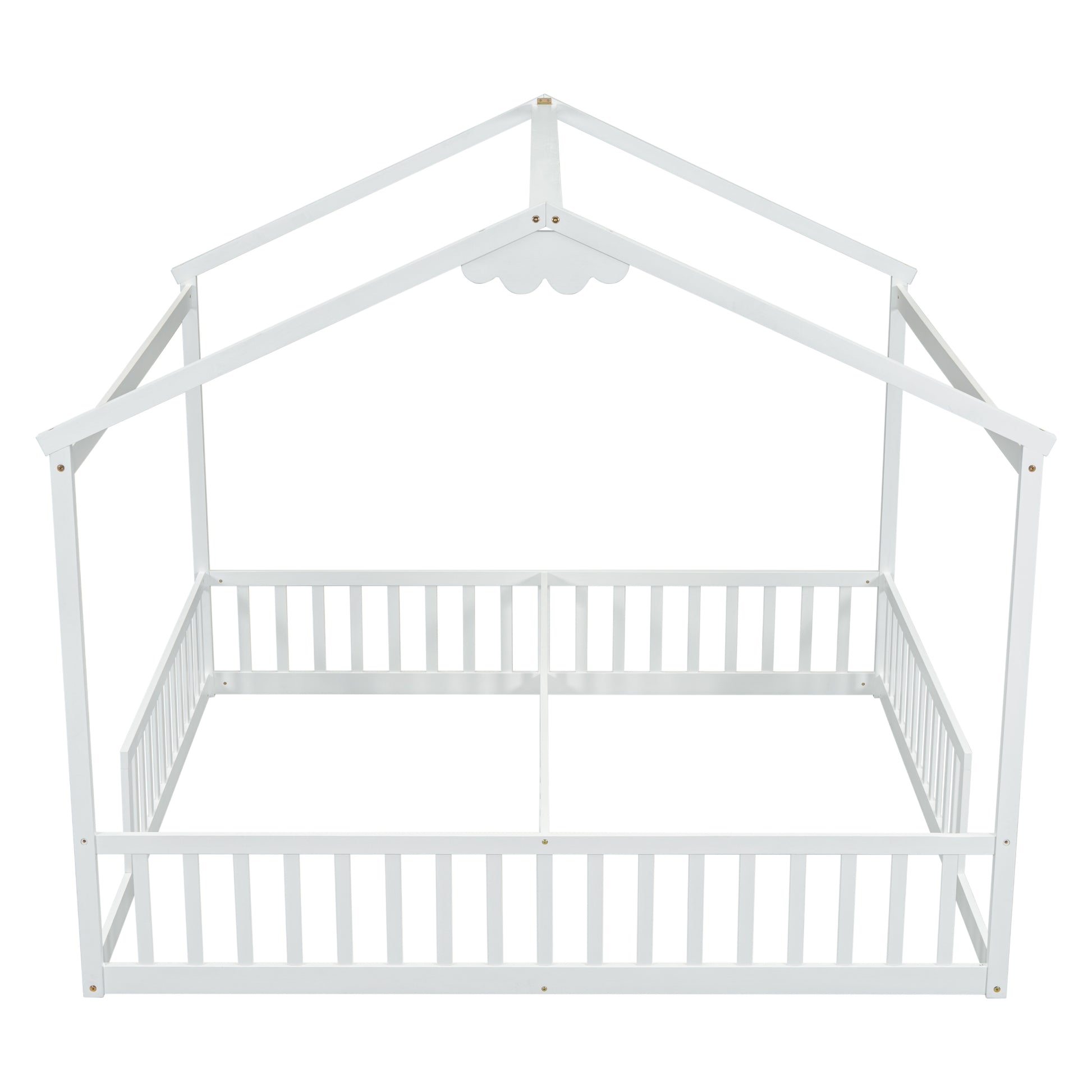 Double Twin House Style Floor Bed With Fence, Guardrails, Without Door, White Twin White American Design Pine