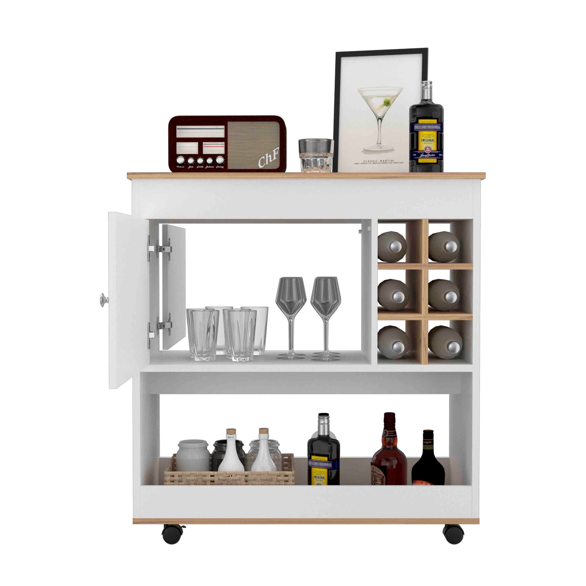 Camelia Bar Cart, Lower Panel, Six Bottle Cubbies, One Cabinet Light Oak White Multicolor Dining Room Modern Rectangular Particle Board Particle Board Medium 40 55In