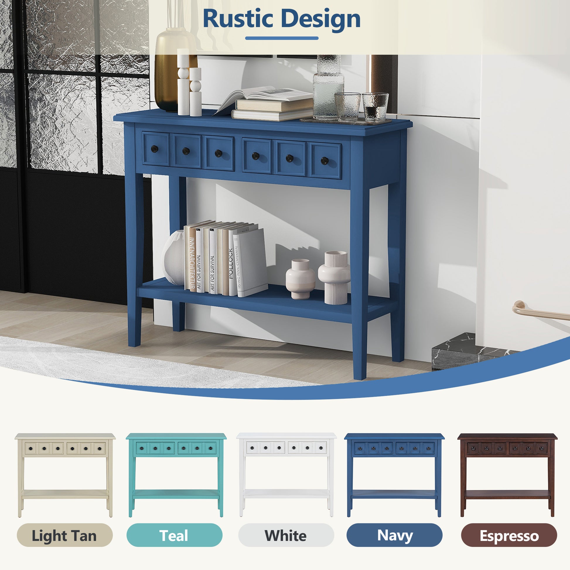 Entryway Table With 2 Drawers, Rustic Console Table With Open Shelf And Rubber Wood Legs For Entryways, Living Rooms, And Hallways Navy Navy Mdf,Rubber Wood