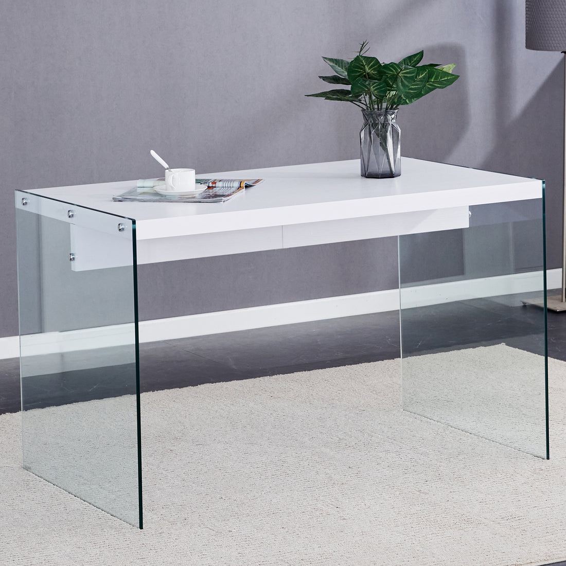 The Top Of The Coffee Table Is Made Of Mdf And White Stickers, And The Sides Are Clear Tempered Glass. The Design Is Simple And Elegant, And The Structure Is Strong. White Mdf Glass