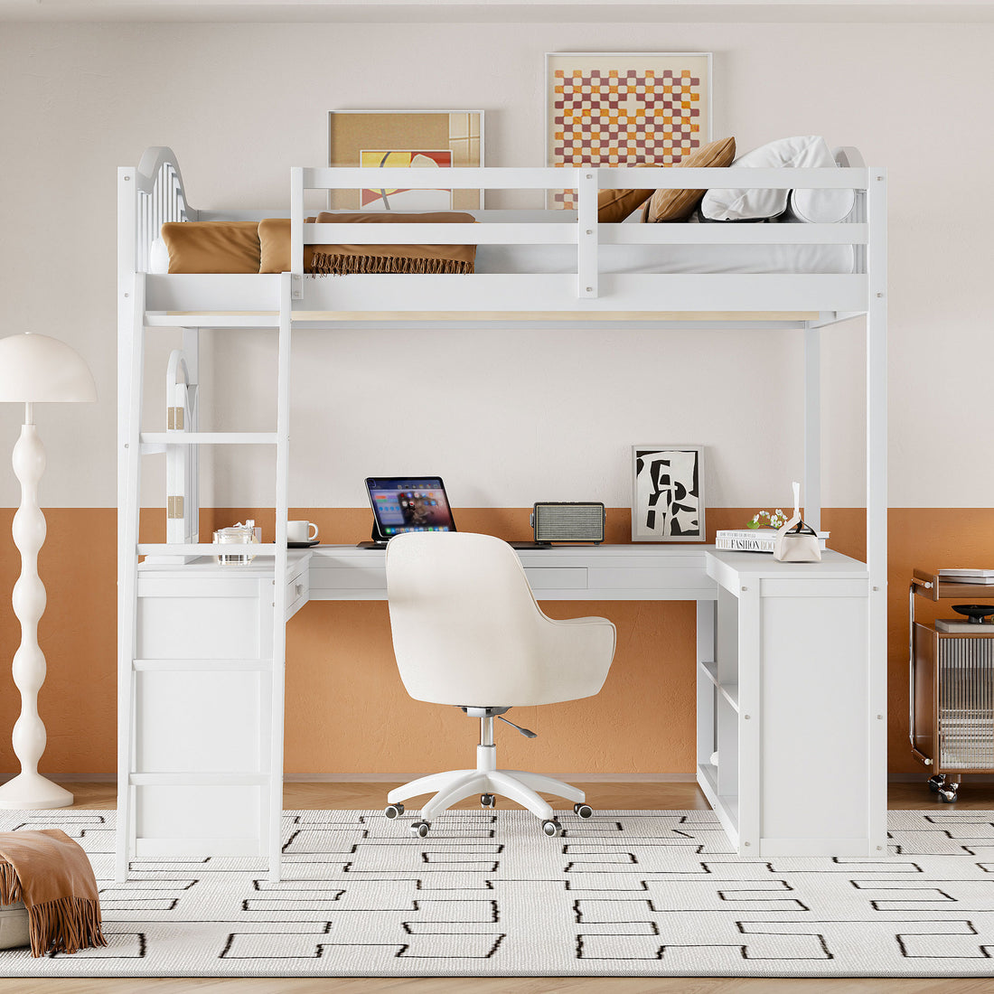 Full Wooden Loft Bed With U Shaped Desk,Storage Compartments And Tri Fold Mirror, White White Plywood,Solid Wood Mdf