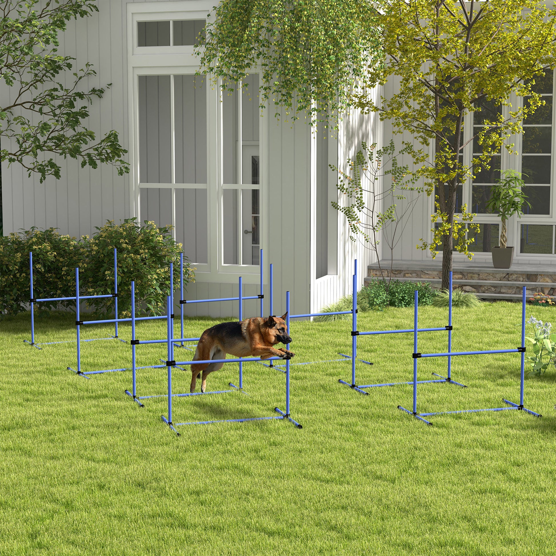 Pawhut 8 Piece Dog Agility Training Equipment For Dog Agility Course With Adjustable Height Jump Bars, Included Carry Bag, & Displacing Top Bar, Blue Blue Plastic