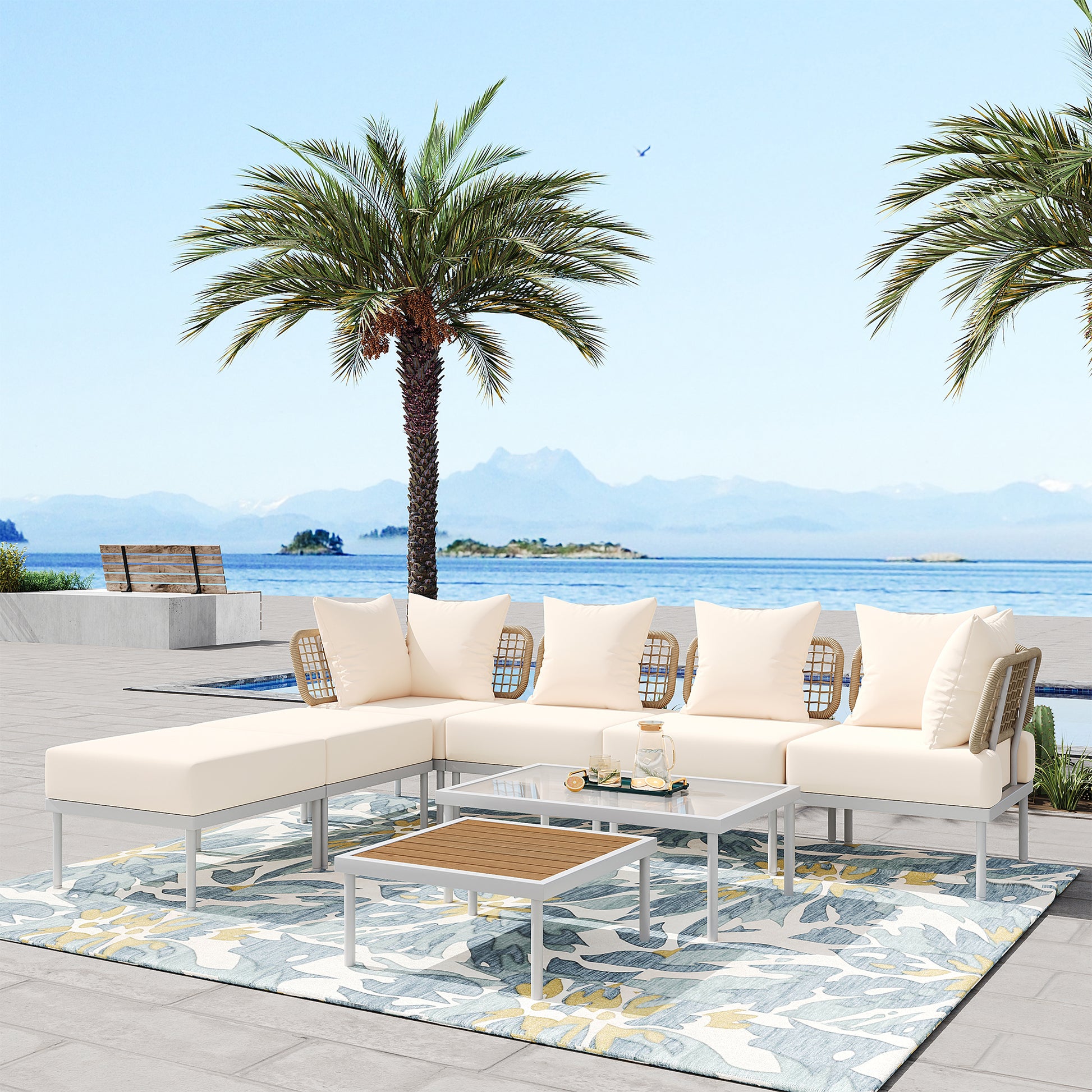 8 Piece Patio Sectional Sofa Set With Tempered Glass Coffee Table And Wooden Coffee Table For Outdoor Oasis, Garden, Patio And Poolside Beige Cushion White Steel Beige Iron