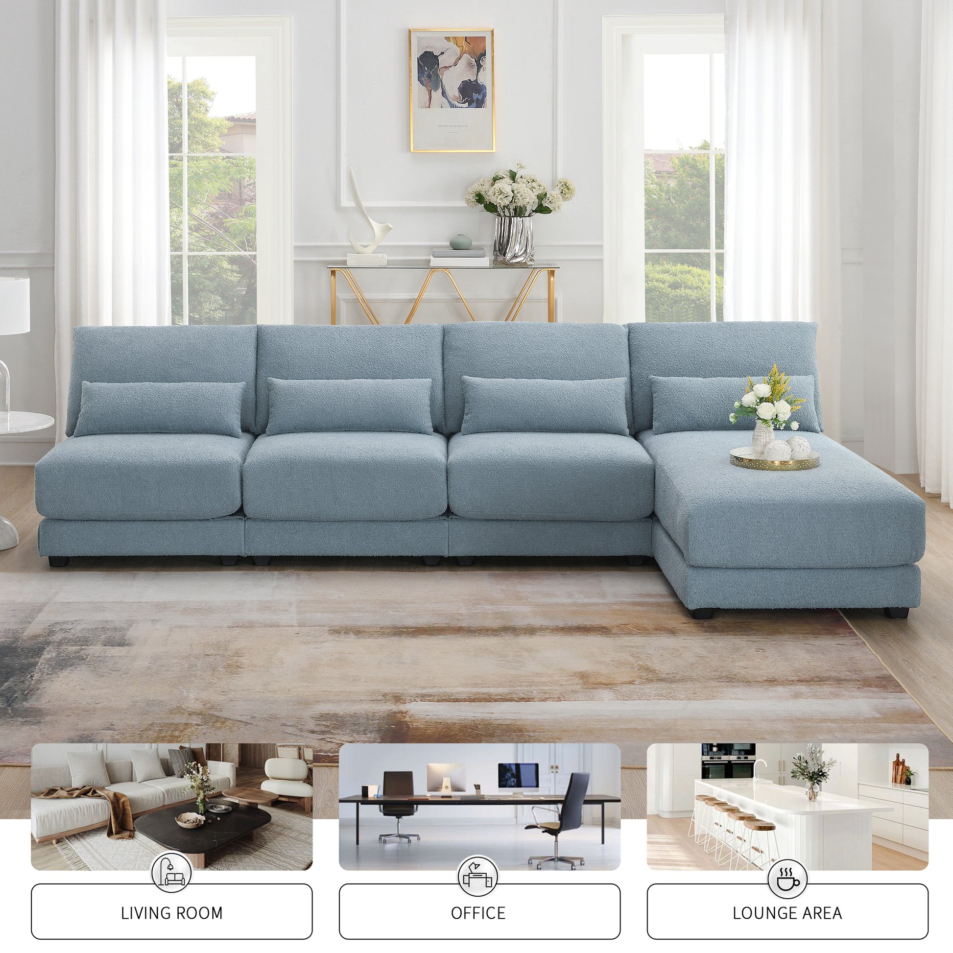 120*61" Oversized Deep Seat Sectional Sofa With Reversible Chaise,Loop Yarn Fabric 5 Seat Armless Indoor Furniture,Convertible L Shaped Couch For Living Room,Apartment,3 Colors Blue Fabric 5 Seat