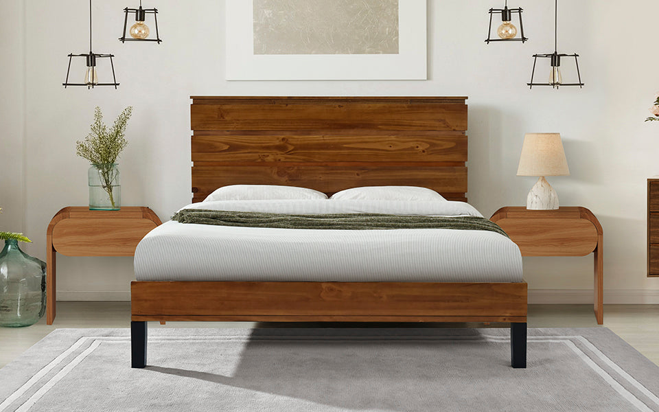 Mid Century Modern Solid Wood Bed Frame King Size Platform Bed With Six Piece Headboard Design, No Box Spring Needed, Brown King Brown Pine