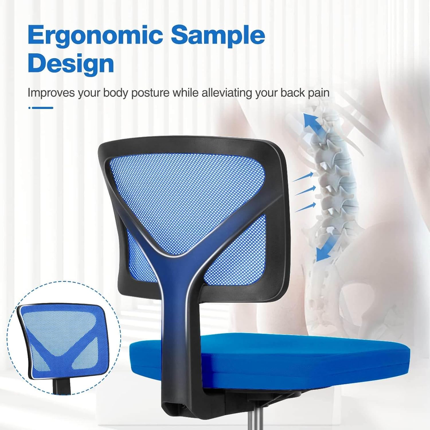 Low Back Mesh Armless Office Chair,Swivel Rolling Computer Chair No Arms With Lumbar Support, Blue Blue Metal