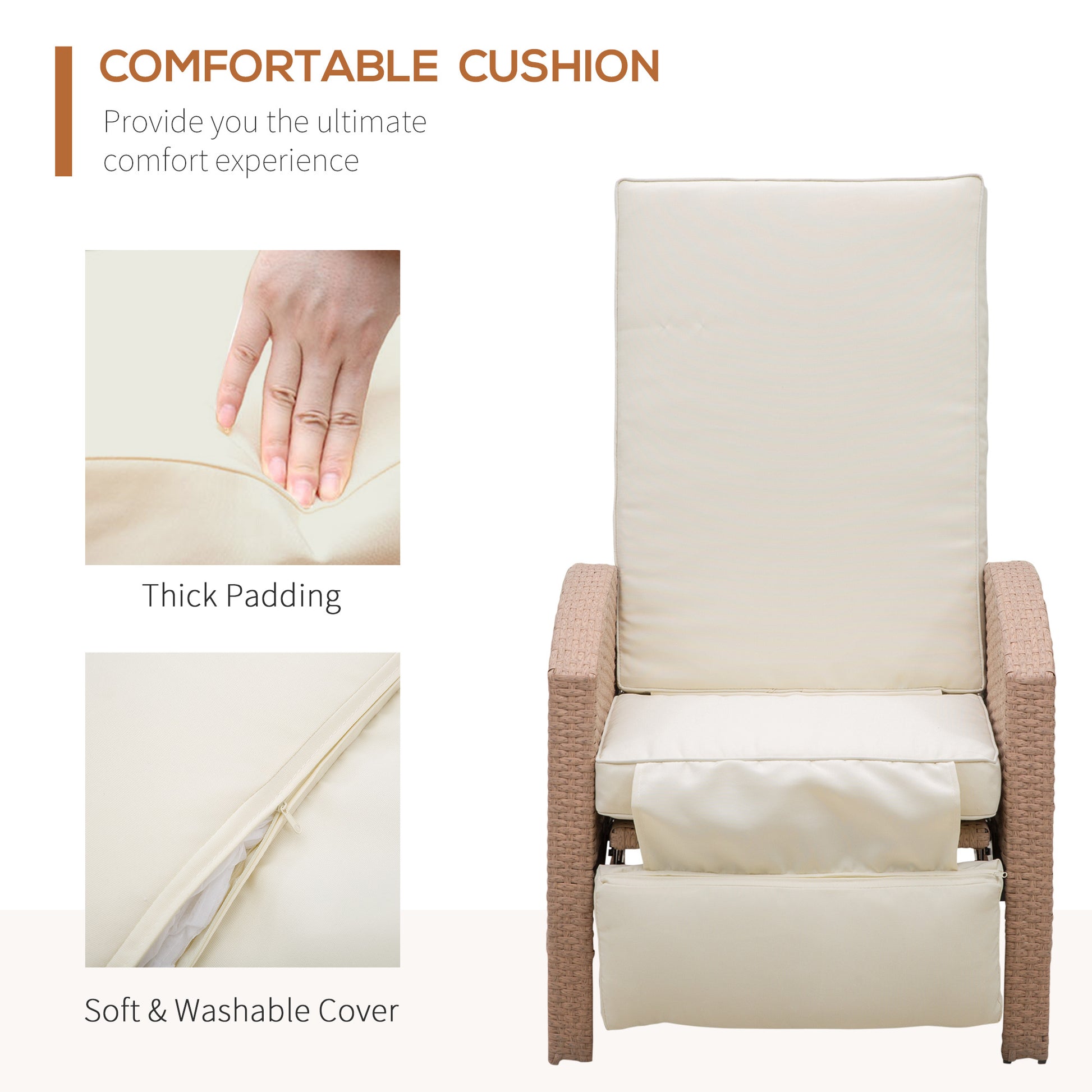 Outsunny Patio Recliner, Outdoor Reclining Chair With Flip Up Side Table, All Weather Wicker Metal Frame Chaise With Footrest, Cushions, Beige Beige Steel