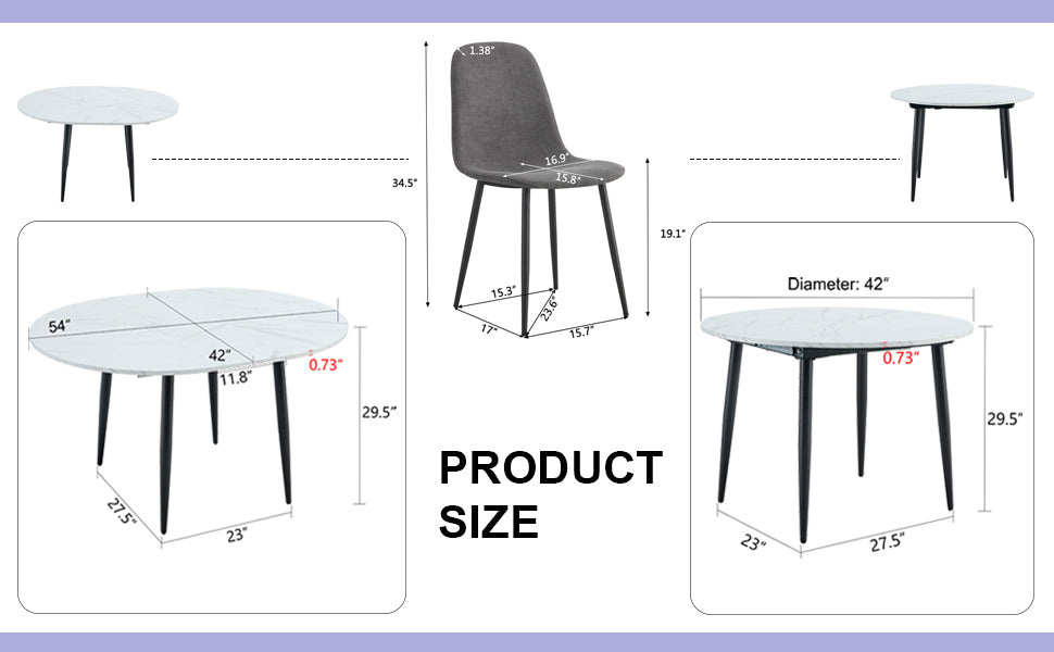 Table And Chair Set.Modern Extendable Mdf Dining Table.The Table Has A Telescopic Design, Suitable For Gatherings Of Different Size.Paired With 4 Chairs With Fabric Cushion And Black Metal Legs. Dark Gray,White Seats 4 Mdf Metal