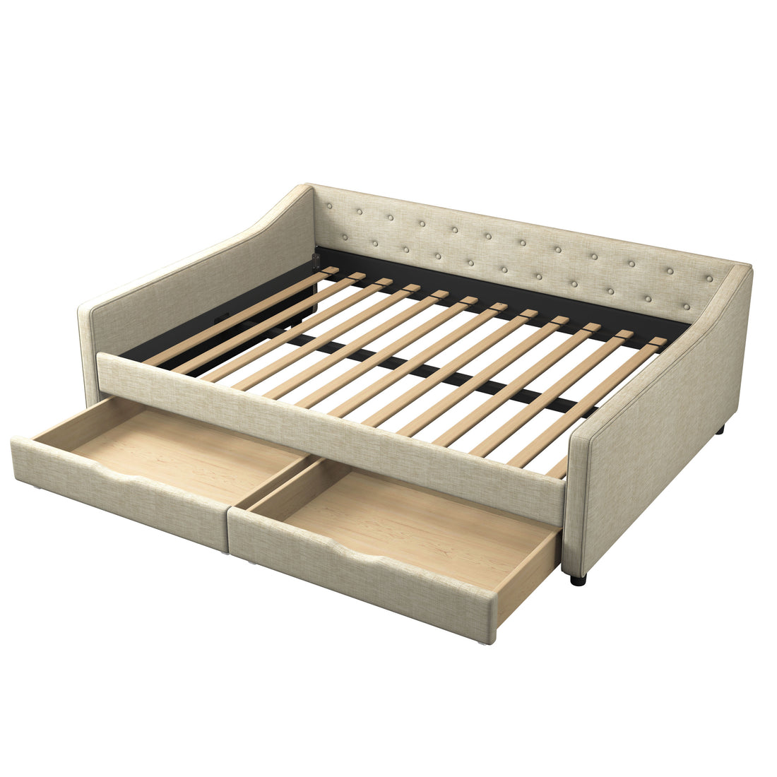 Full Size Daybed With Drawers Upholstered Tufted Sofa Bed, With Button On Back And Piping On Waved Shape Arms Beige Full Beige Wood Fabric