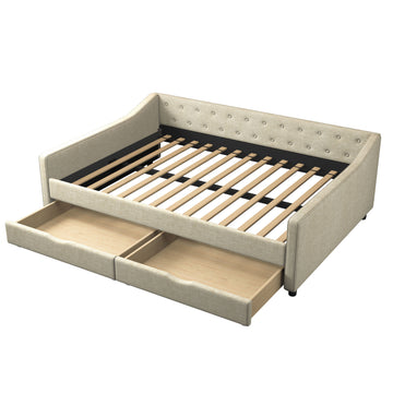 Full Size Daybed With Drawers Upholstered Tufted Sofa Bed, With Button On Back And Piping On Waved Shape Arms Beige Full Beige Wood Fabric