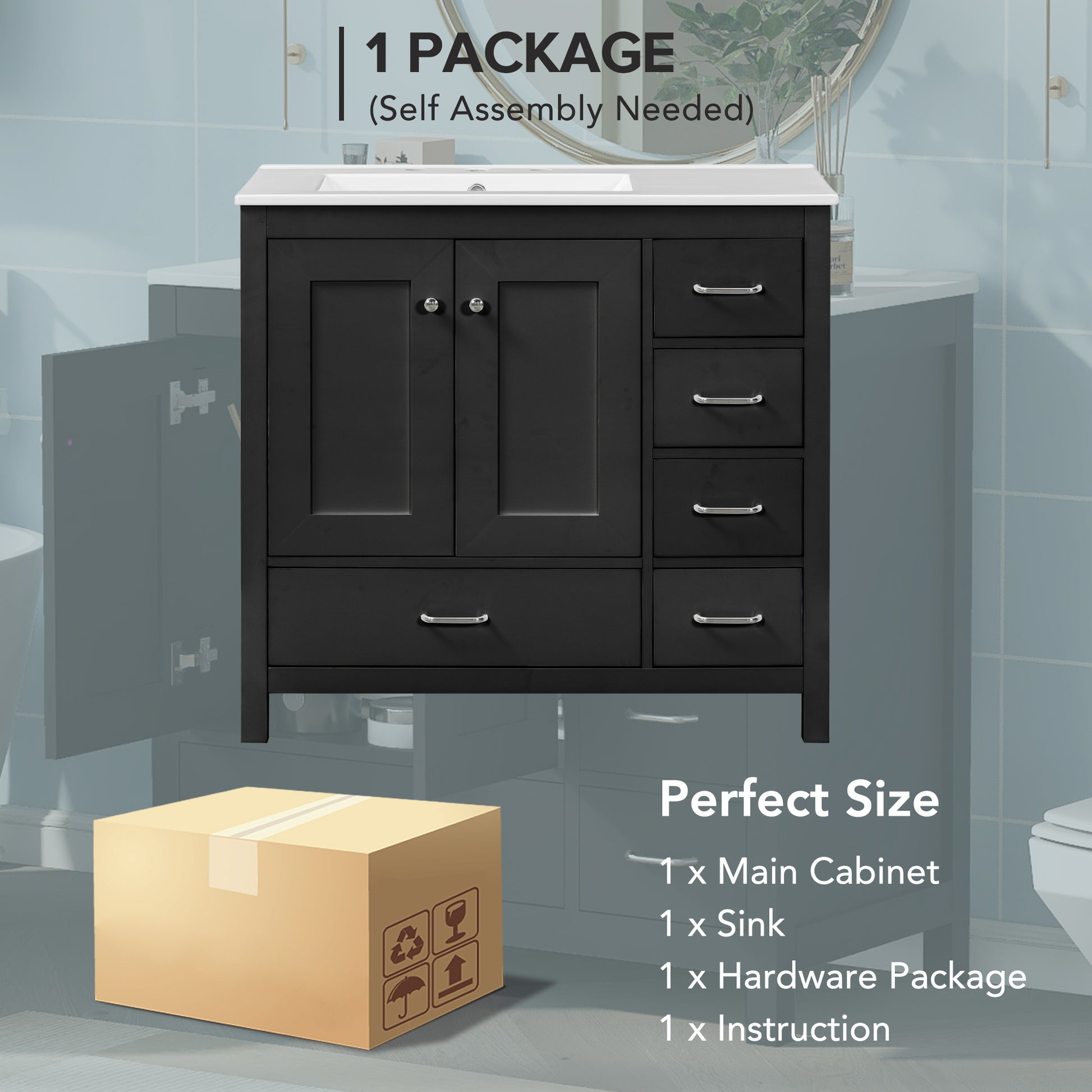 36" Black Bathroom Vanity With Ceramic Sink Combo, Abundant Storage Cabinet 2 Soft Close Doors And 5 Drawers Black Bathroom Solid Wood Mdf