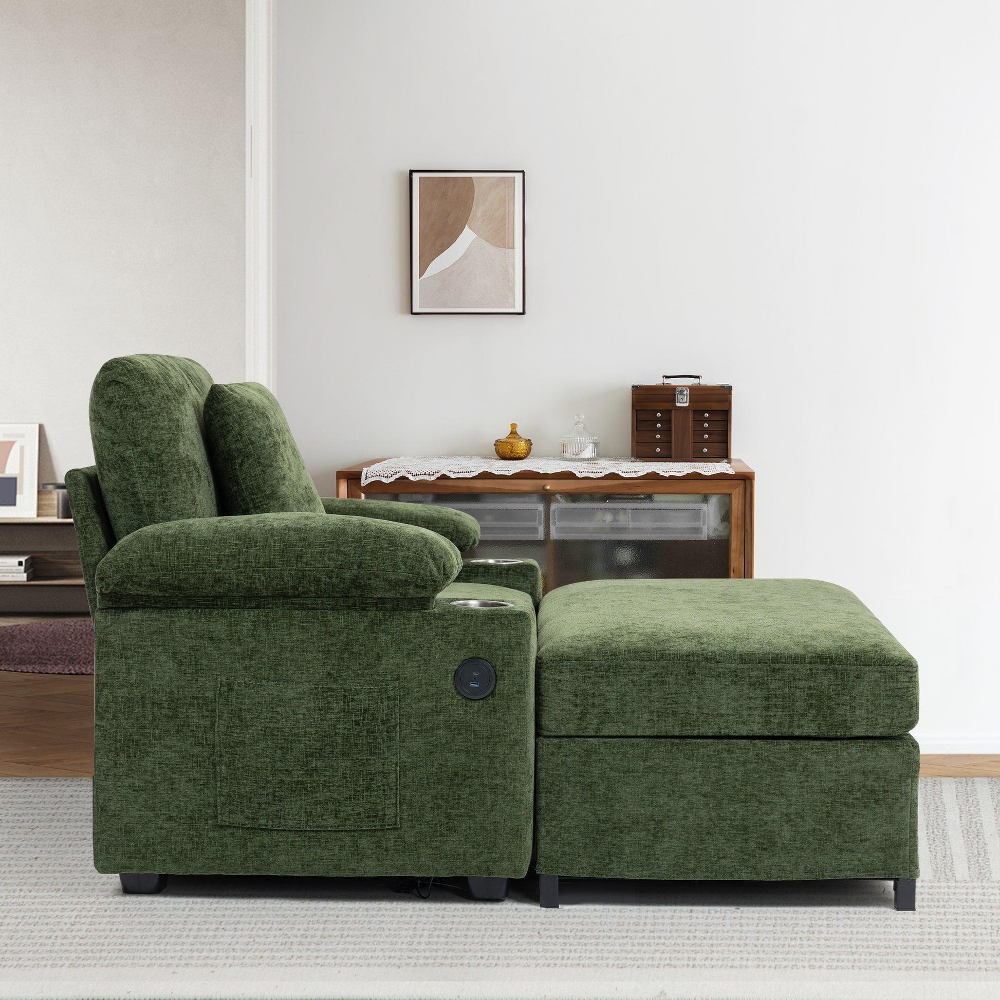 Modern Oversized Chair With Ottoman,Chenille Fabric Sofa Bed,Accent Chair Comfy Sofa With Cupholders And Usb Charging Ports Chair For Living Room,Bedroom,Apartment Green Chenille