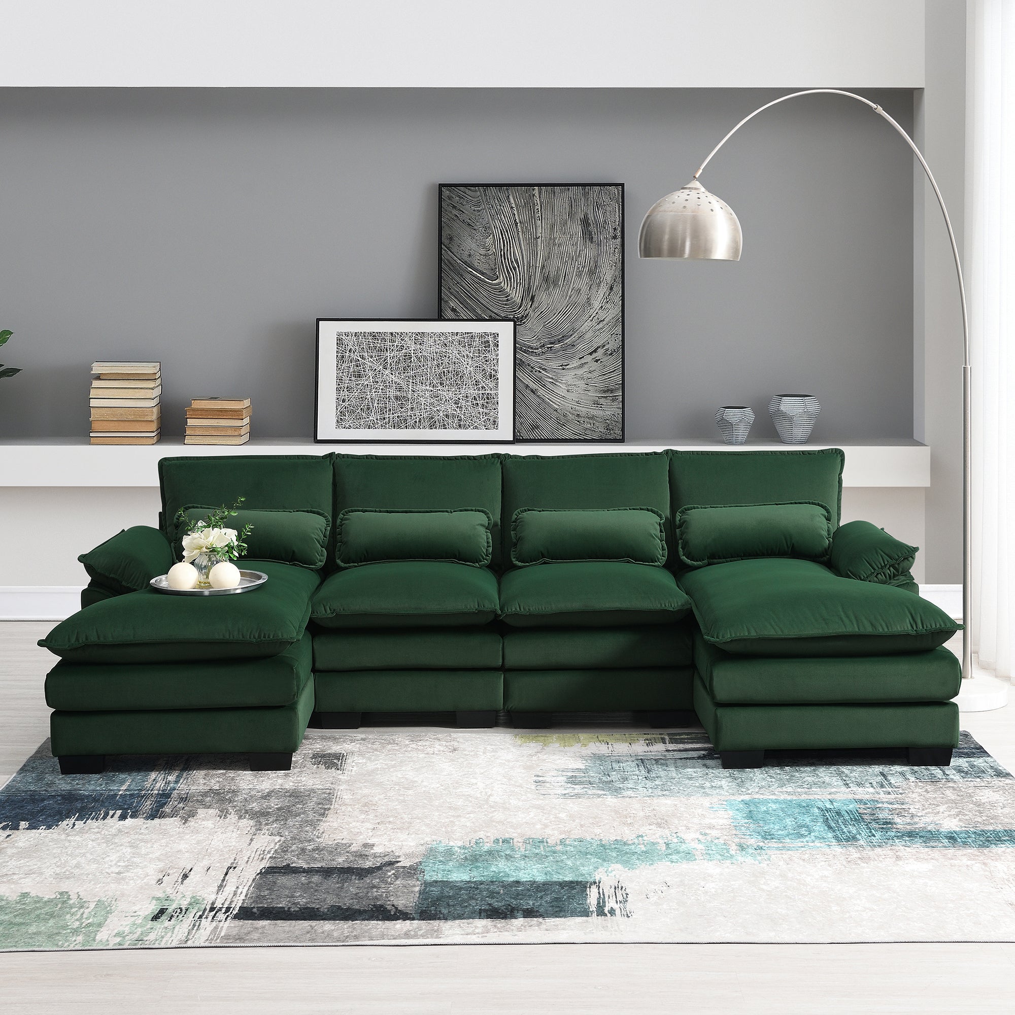 110*55" Modern U Shaped Sectional Sofa With Waist Pillows,6 Seat Upholstered Symmetrical Sofa Furniture,Sleeper Sofa Couch With Chaise Lounge For Living Room,Apartment,5 Color Green Velvet 6 Seat