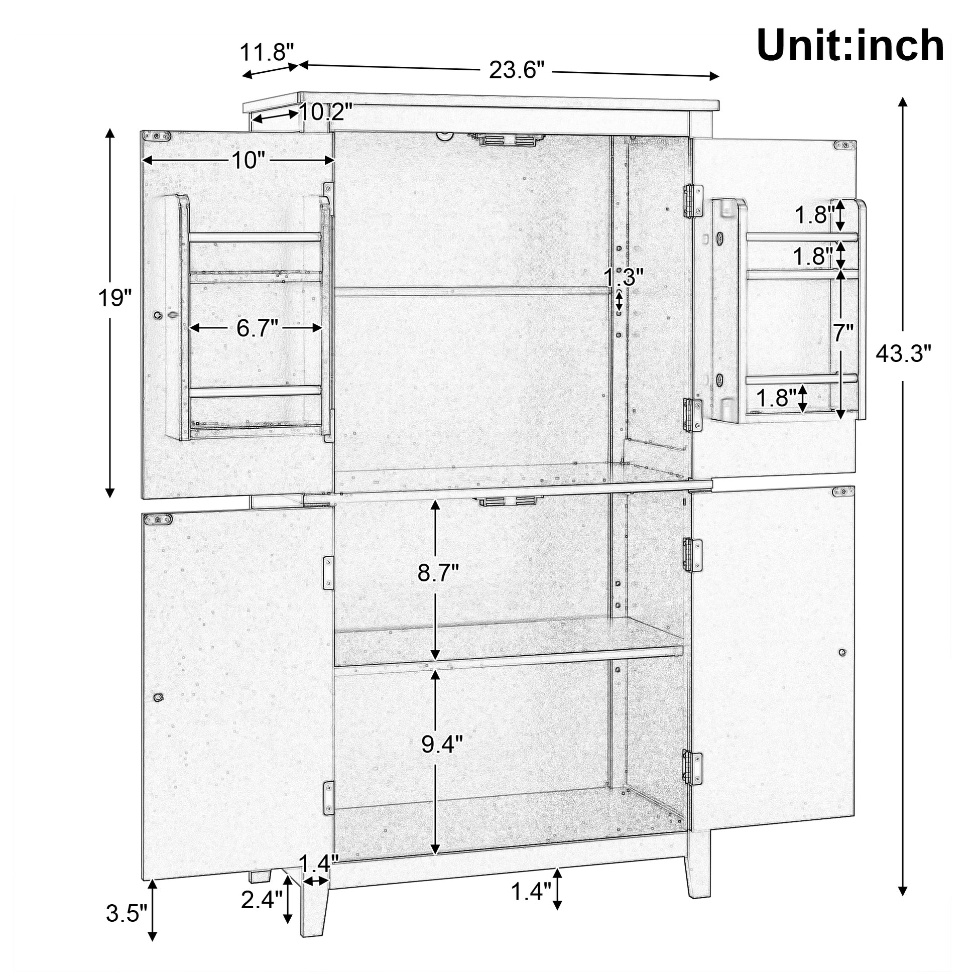 Elegant Bathroom Floor Storage Cabinet, Bathroom Storage Unit, Freestanding Cabinet With 4 Doors, Adjustable Shelves, Adaptable Shelves, Black Black Mdf