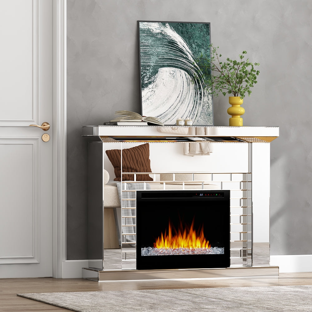 44'' W Electric Fireplace With Silver Mirrored Mantel Silver 400 Primary Living Space Modern Yes Freestanding Metal Synthetic Wood Mirror Electric