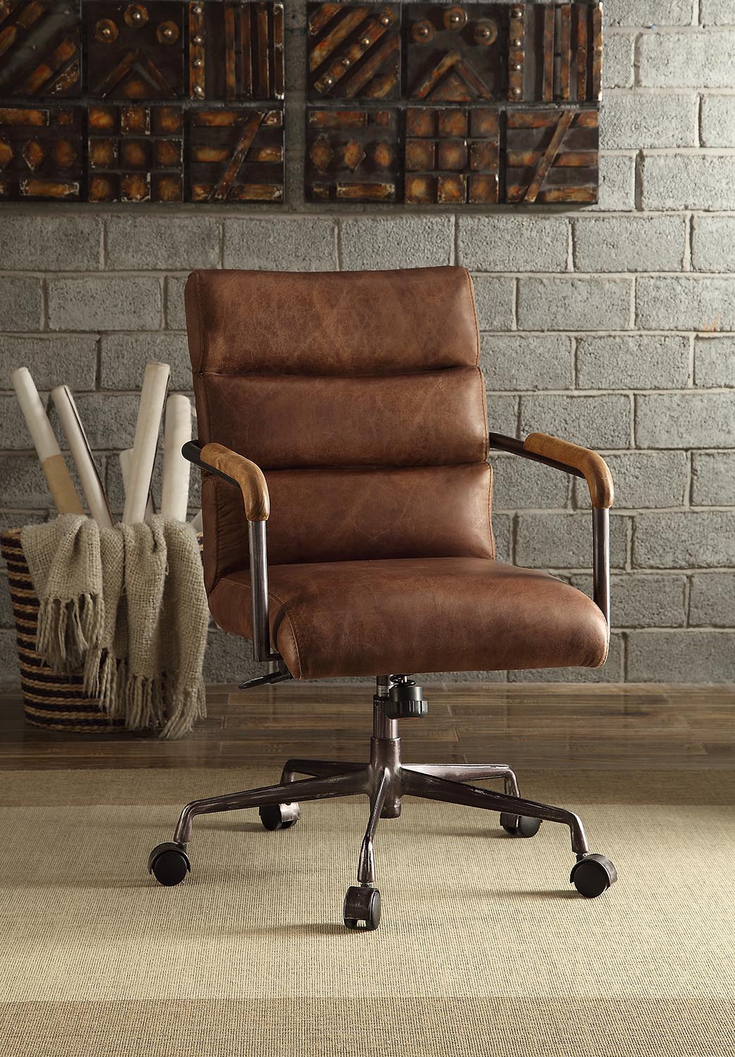 Harith Retro Brown Top Grain Leather Office Chair Brown Leather