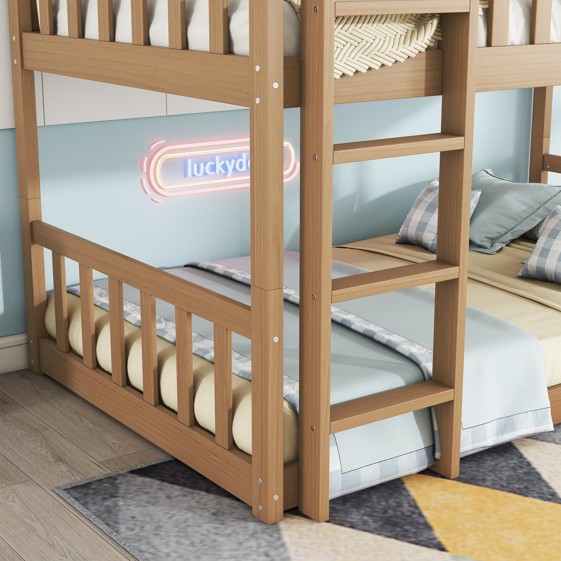 Twin Size Triple Rubber Wood Bunk Bed, With Ladders, Guardrails Detachable Bunk Bed, Twin Over Twin Over Twin,White Oak Twin White Oak Bedroom American Design Bed Frame Rubber Wood