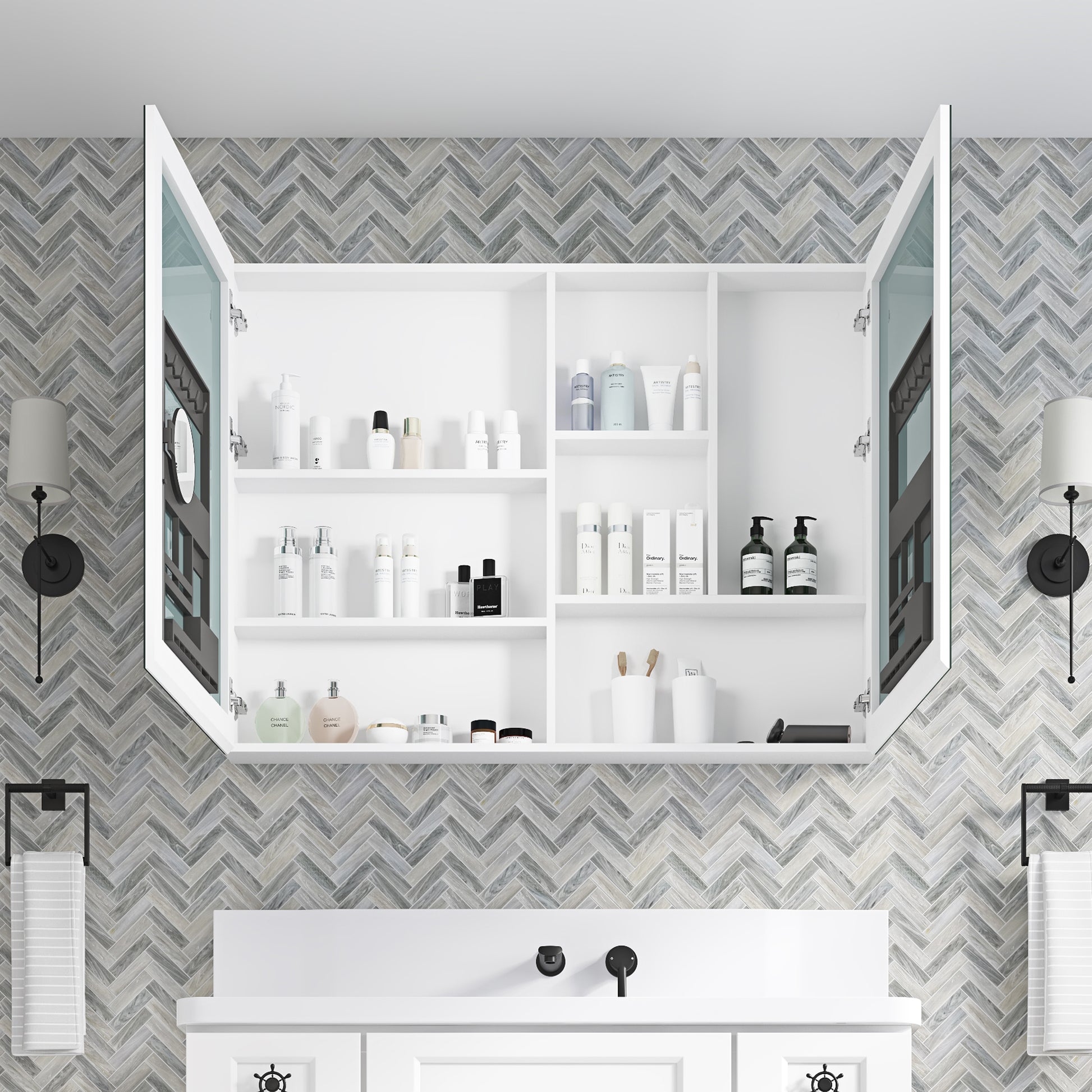 48'' W X 36'' H Surface Frameless Mirror Medicine Cabinet, Beveled Mirror Edges Bathroom Medicine Cabinet White Engineered Wood