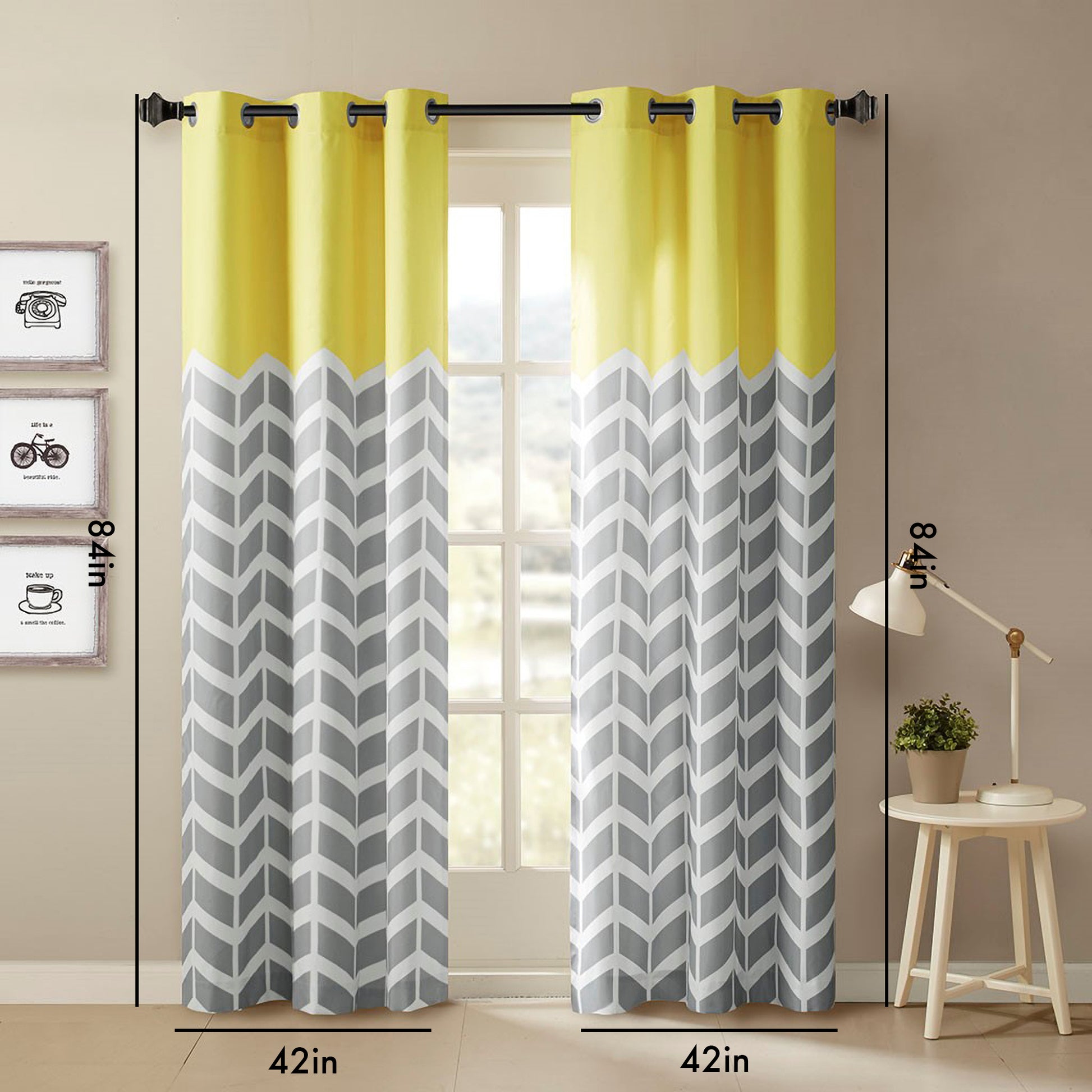 Chevron Printed Room Darkening Grommet Top Panel Pair Yellow Polyester