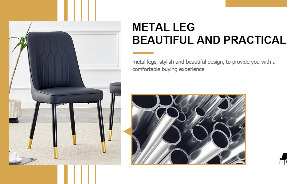 Table And Chair Set.The Table Has A Glass Top With Imitation Marble Pattern Stickers And Stainless Steel Golden Legs. Paried With Chairs With Pu Artificial Leather Backrest Cushions And Black Legs. Black Gold Seats 6 Glass Metal