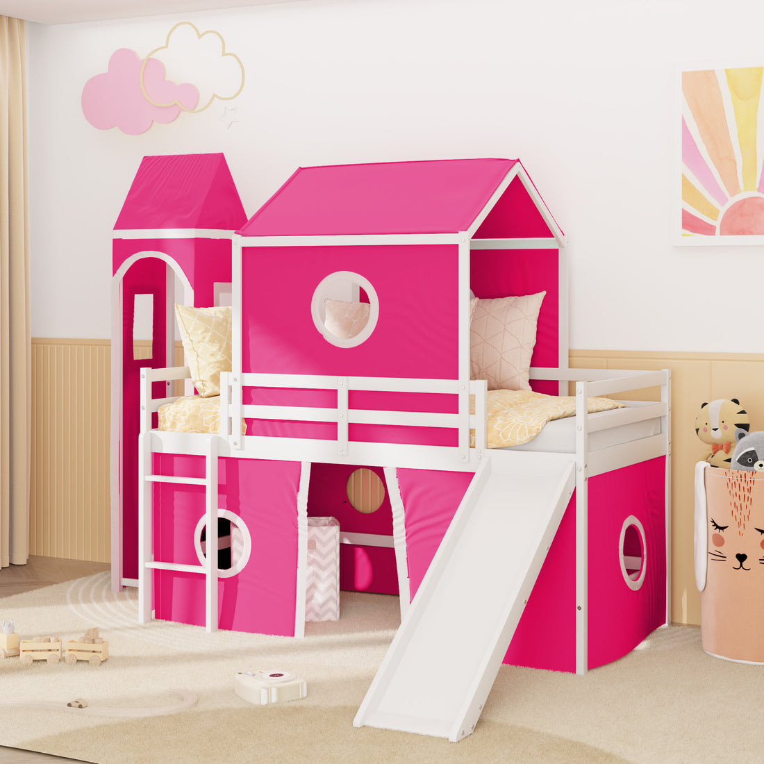 Twin Size Loft Bed With Slide Pink Tent And Tower Pink Old Sku:Wf298769Aah Twin Pink Solid Wood