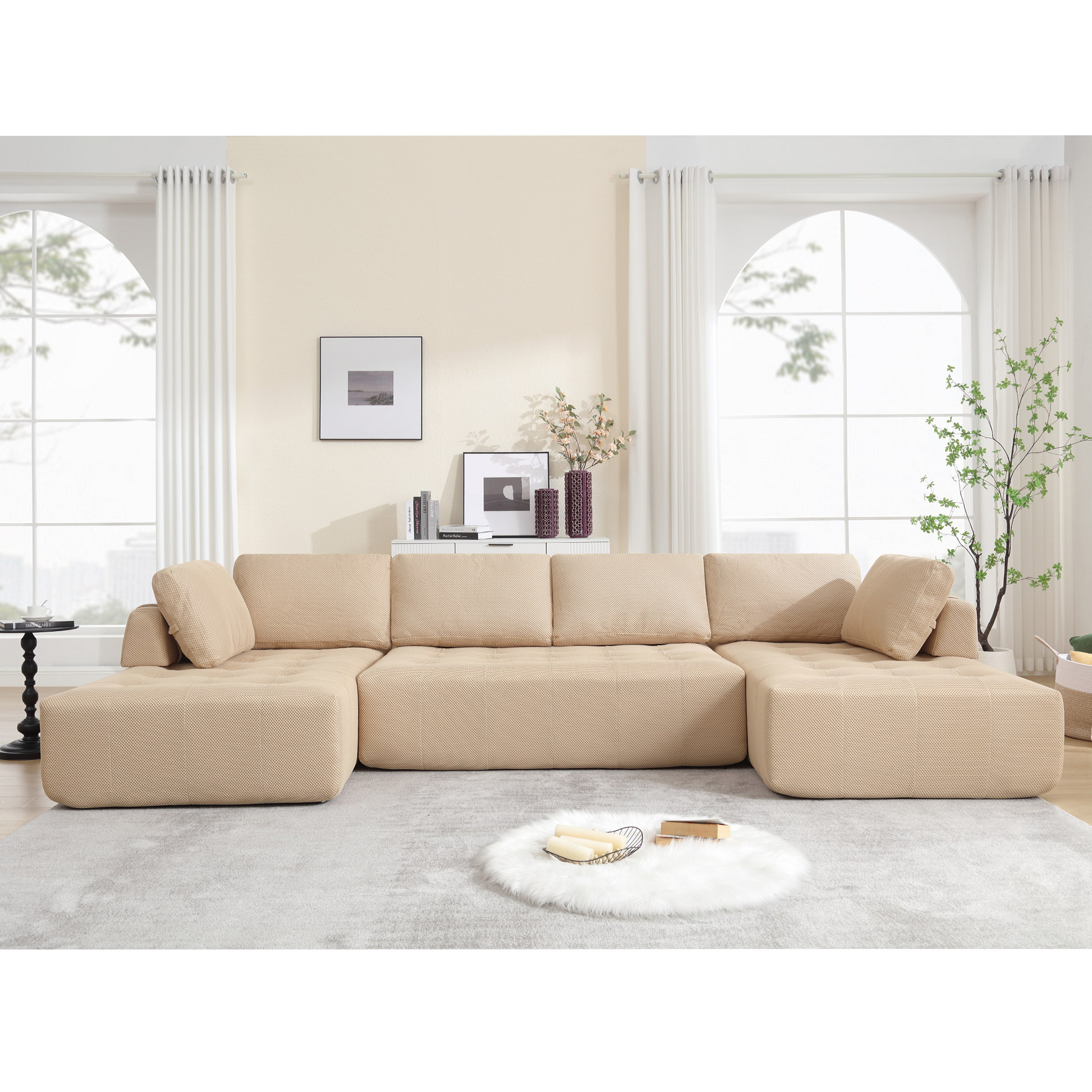 Arrived 138.5 "Modular Combination Sofa, U Shaped Sofa, Living Room, Apartment, Upholstered ,6 Seat Sofa, Free Combination Sofa Mesh Fabric ,Fabric, Khaki Khaki Polyester Primary Living Space Soft